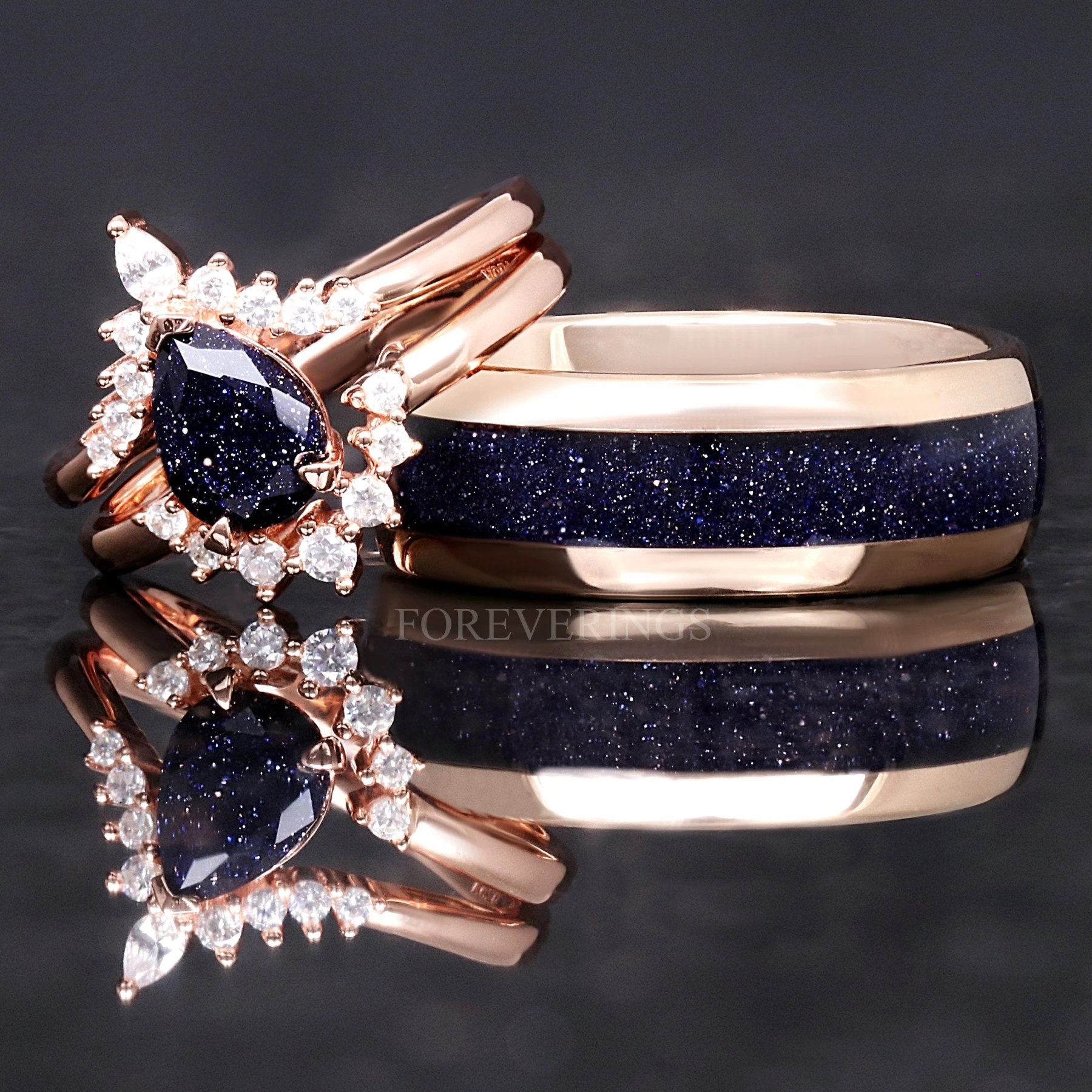 Great Rift Nebula Ring Set, Rose Gold Sandstone, His and Hers Wedding Band