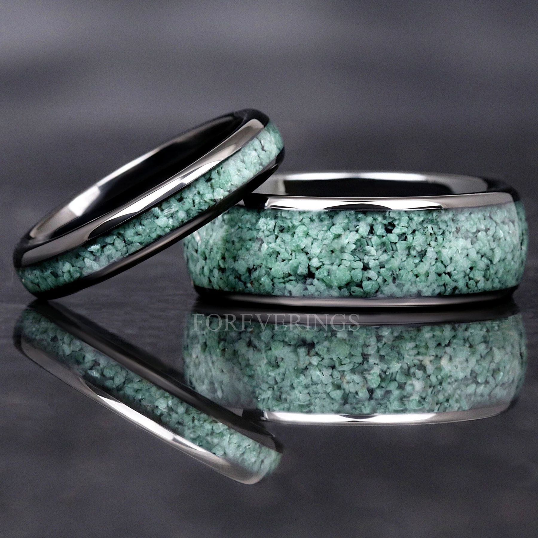 Green Moss Agate Ring Set, His and Her Tungsten Wedding Band