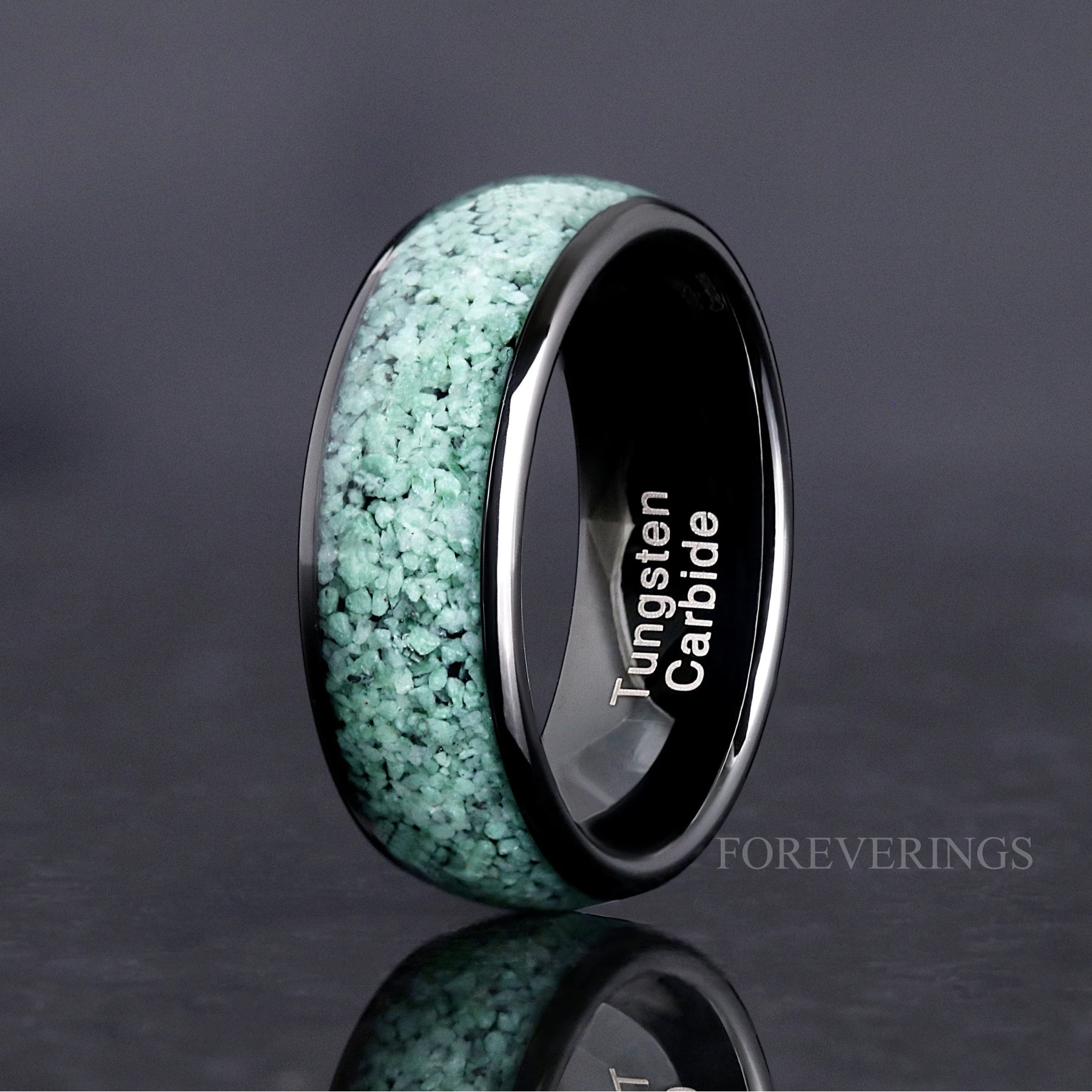 Green Moss Agate Ring Set, His and Her Tungsten Wedding Band, 8mm & 4mm Black Ring Set, Polish, Dome, Comfort Fit, Birthday Anniversary Gift - view 2