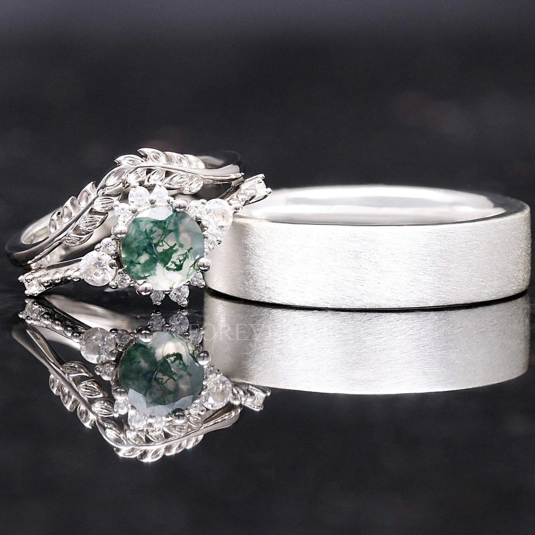 Green Moss Agate Ring Set, His and Hers Wedding Band, 925 Sterling Silver Ring Set