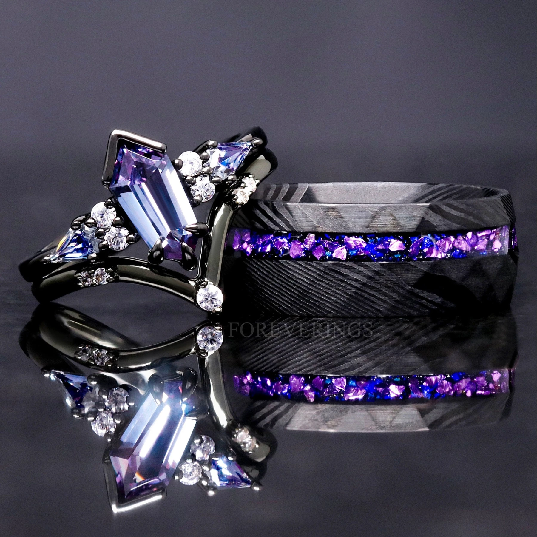 His and Her Alexandrite Galaxy Ring Set, Crab Nebula Alternative Wedding Ring Set