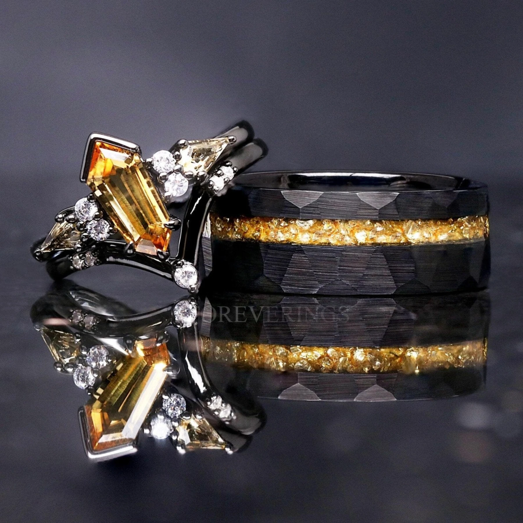 His and Her Citrine Wedding Ring Set Kite Coffin, Alternative Engagement Ring Set