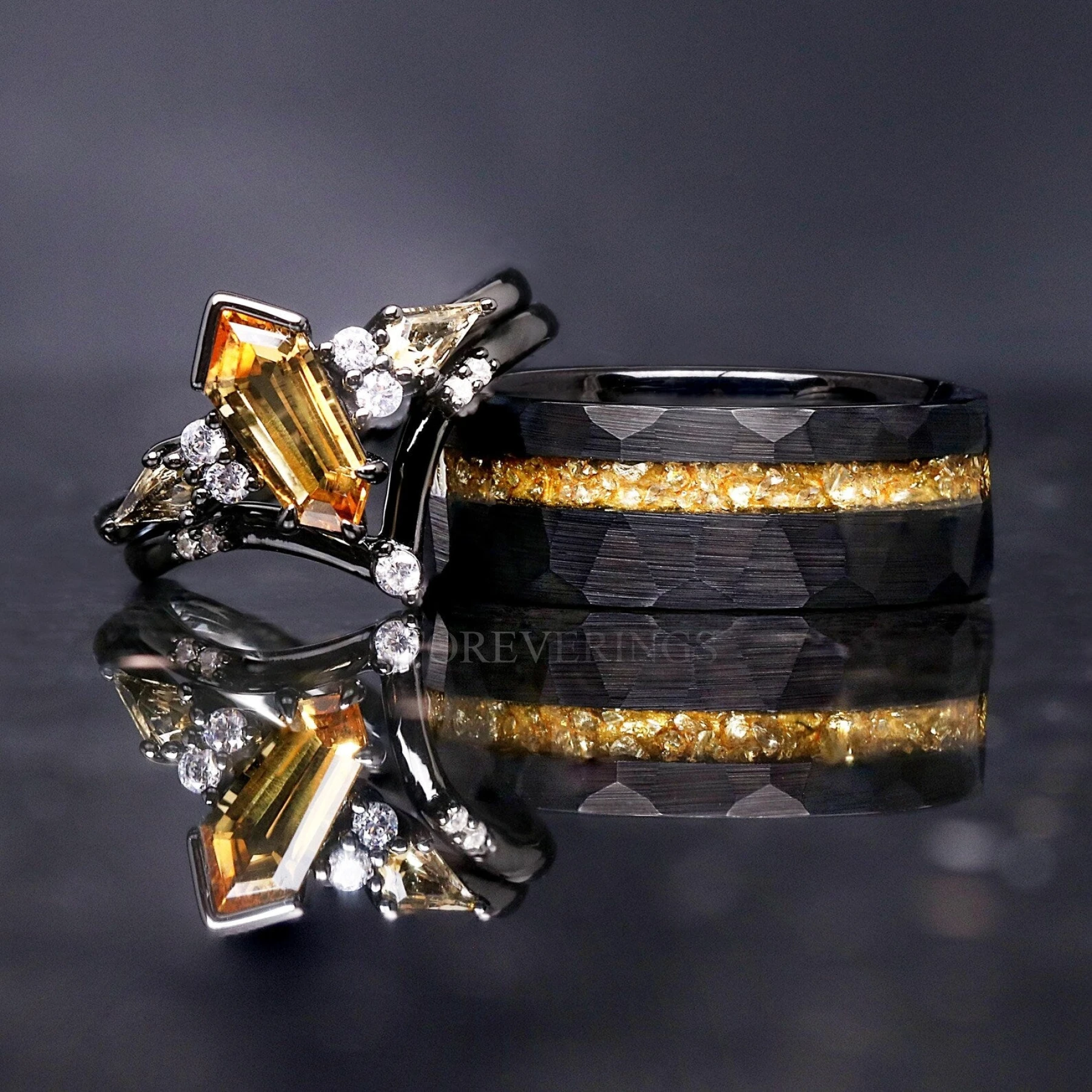 His and Her Citrine Wedding Ring Set Kite Coffin, Alternative Engagement Ring Set, Black Ring, Couples Matching Promise Ring, Engraving - view 5