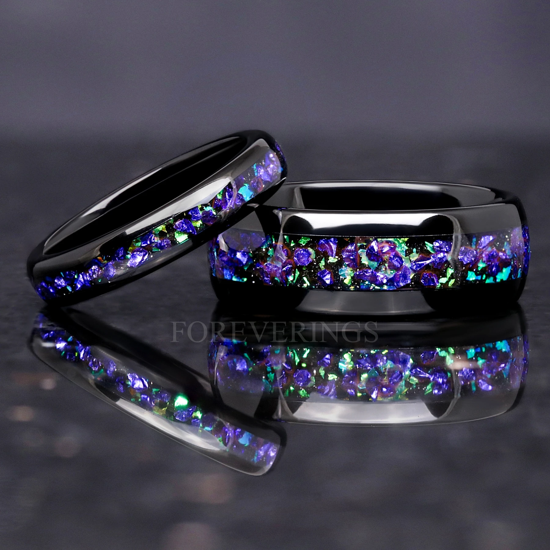 His and Her Ghost Nebula Ring Set, Couple Wedding Band, Galaxy Ring Set