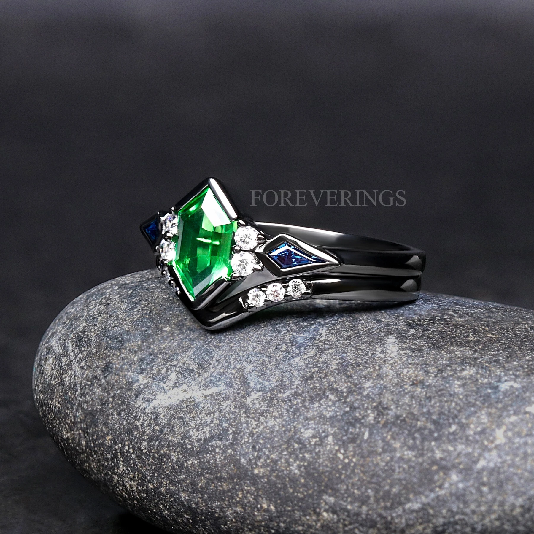 His and Her Ghost Nebula Ring Set, Couples Ring, Galaxy Ring Set, Blue Sapphire, Green Tsavorite, Matching Black Wedding Band, Engraving - view 3