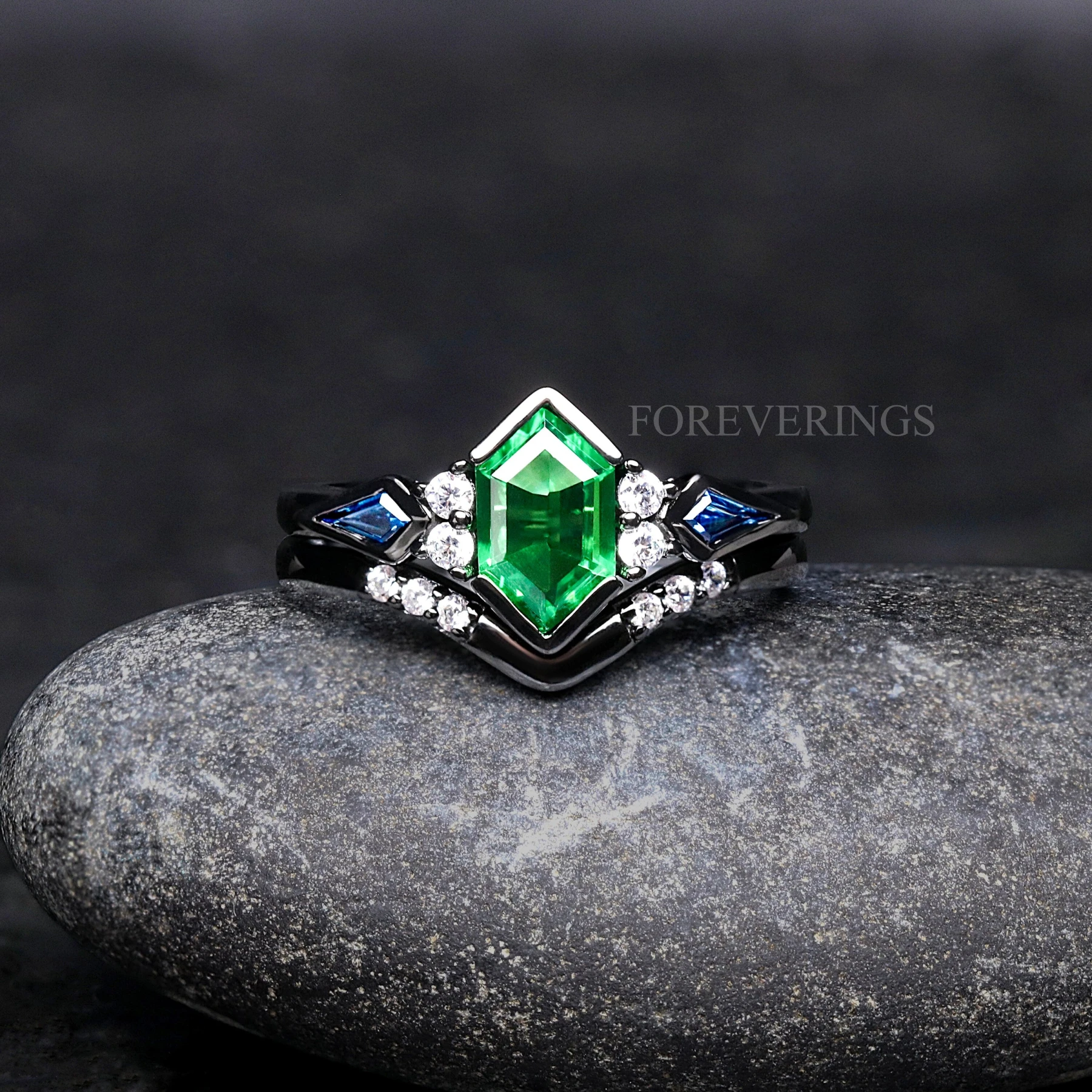 His and Her Ghost Nebula Ring Set, Couples Ring, Galaxy Ring Set, Blue Sapphire, Green Tsavorite, Matching Black Wedding Band, Engraving - view 2