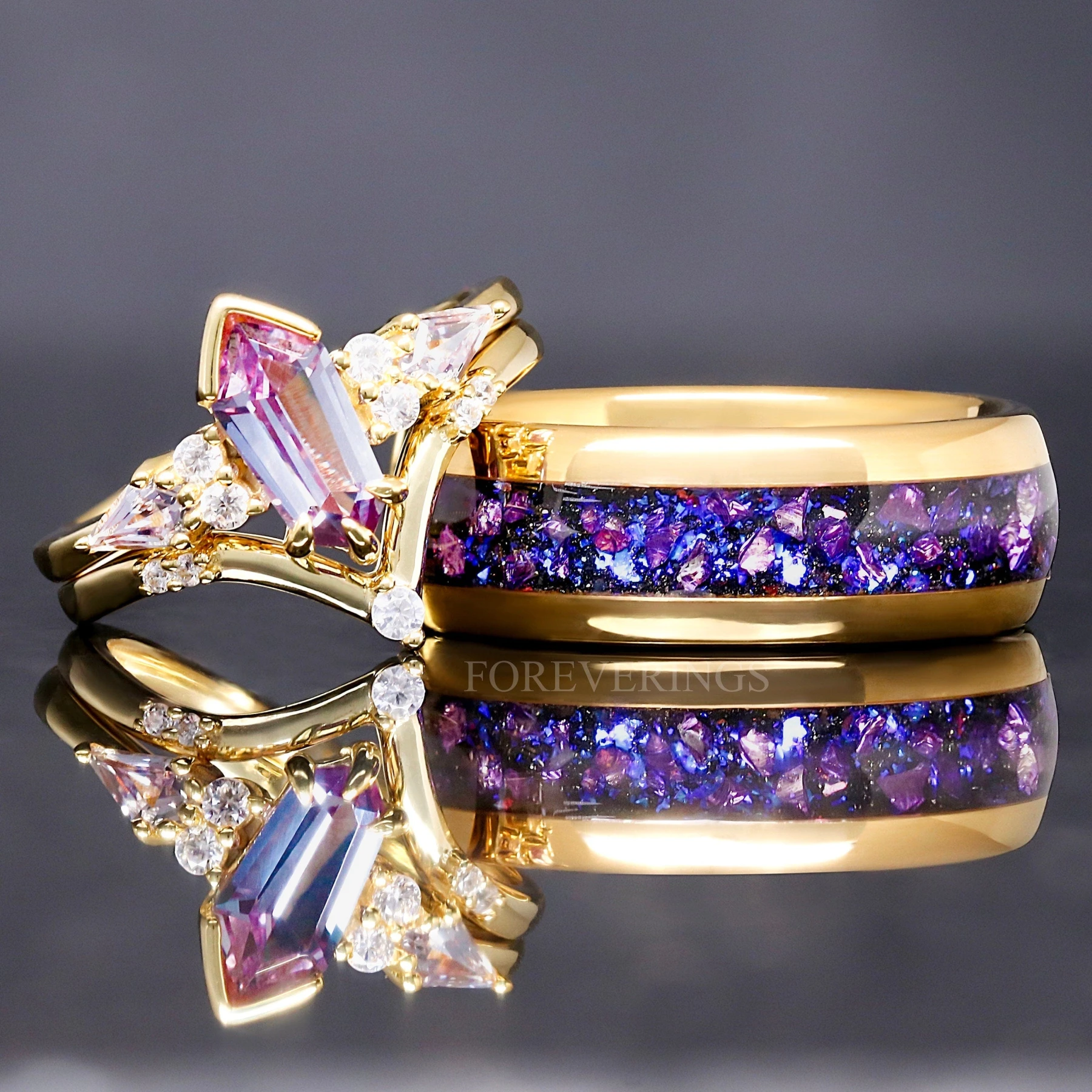 His and Her Gold Alexandrite Ring Set, Couple Crab Nebula Ring