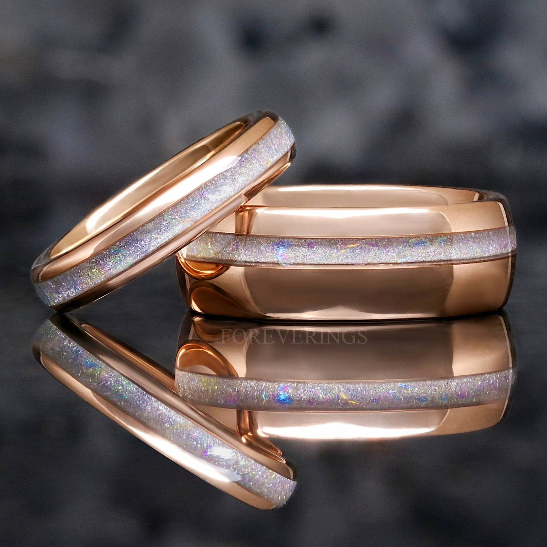 His and Her Moonstone Ring Set, Tungsten Wedding Band, 8mm & 4mm Galaxy Ring Set