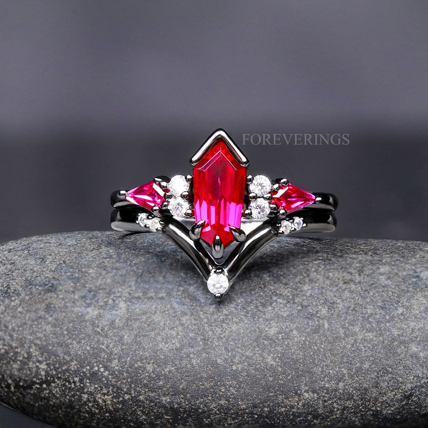 His and Her Natural Ruby Wedding Ring Set, Black Tungsten Band, 925 Silver, Cass Supernova, Unique Engagement Ring Set, Matching Couple Ring - view 5