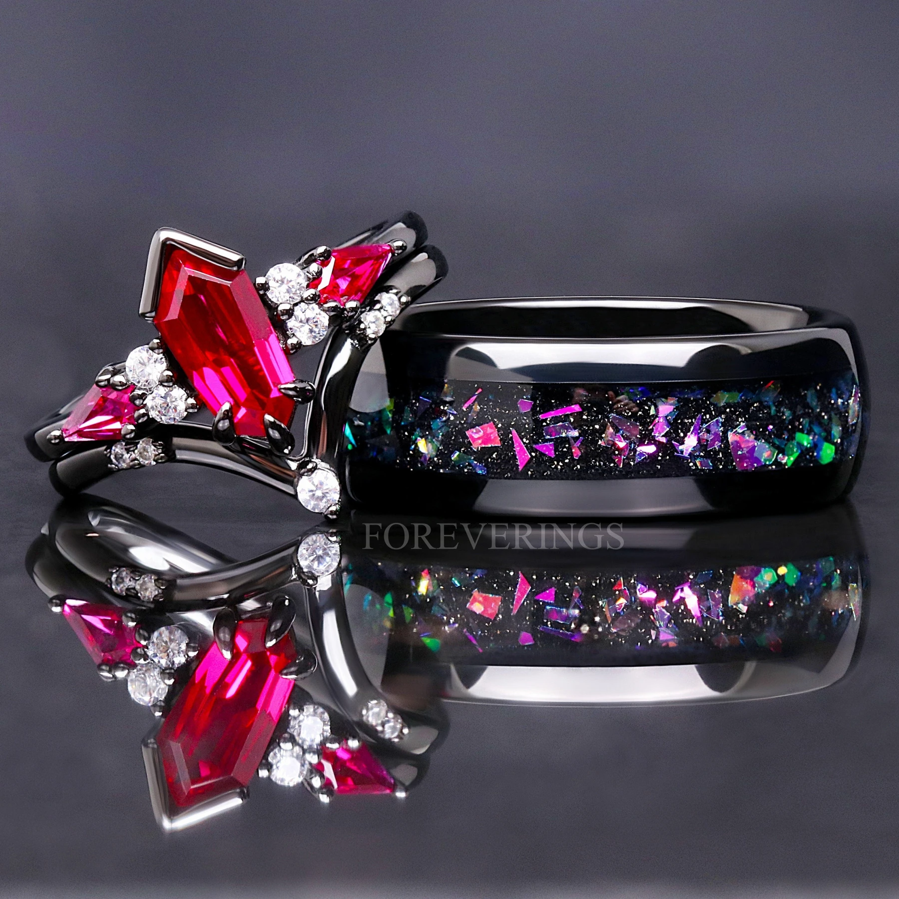 His and Her Natural Ruby Wedding Ring Set, Black Tungsten Band, 925 Silver