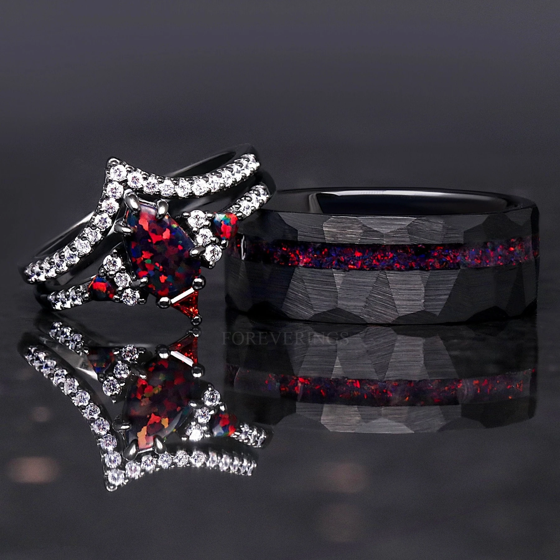 His and Hers Black Fire Opal Ring Set, Couples Wedding Ring, Matching Promise Ring