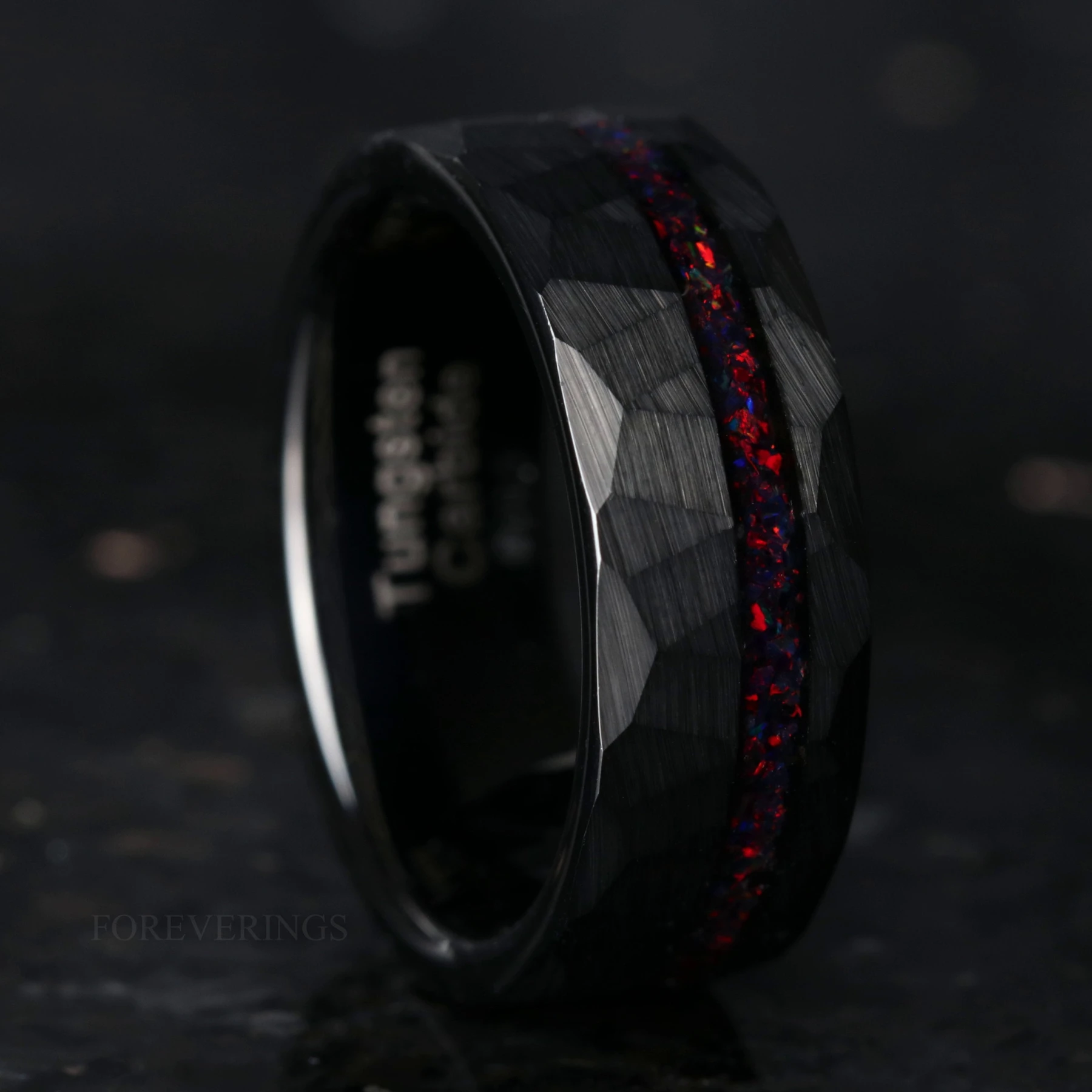 His and Hers Black Fire Opal Ring Set, Couples Wedding Ring, Matching Promise Ring, Black and Red, Hammer Black Tungsten Ring, Lumiere, 925 - view 6