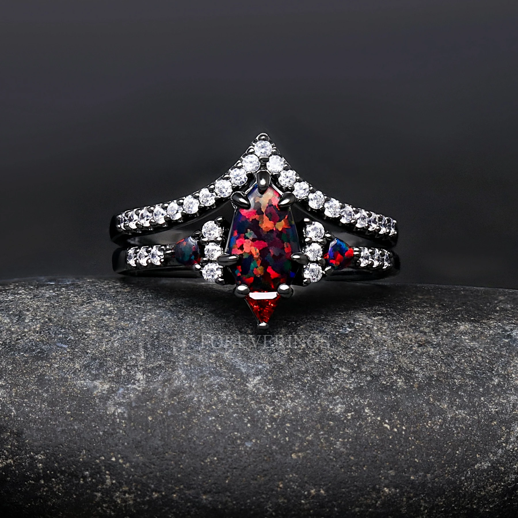 His and Hers Black Fire Opal Ring Set, Couples Wedding Ring, Matching Promise Ring, Black and Red, Hammer Black Tungsten Ring, Lumiere, 925 - view 4
