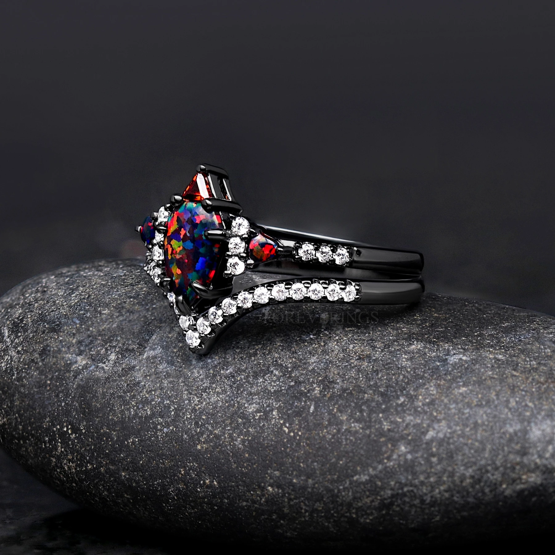 His and Hers Black Fire Opal Ring Set, Couples Wedding Ring, Matching Promise Ring, Black and Red, Hammer Black Tungsten Ring, Lumiere, 925 - view 5