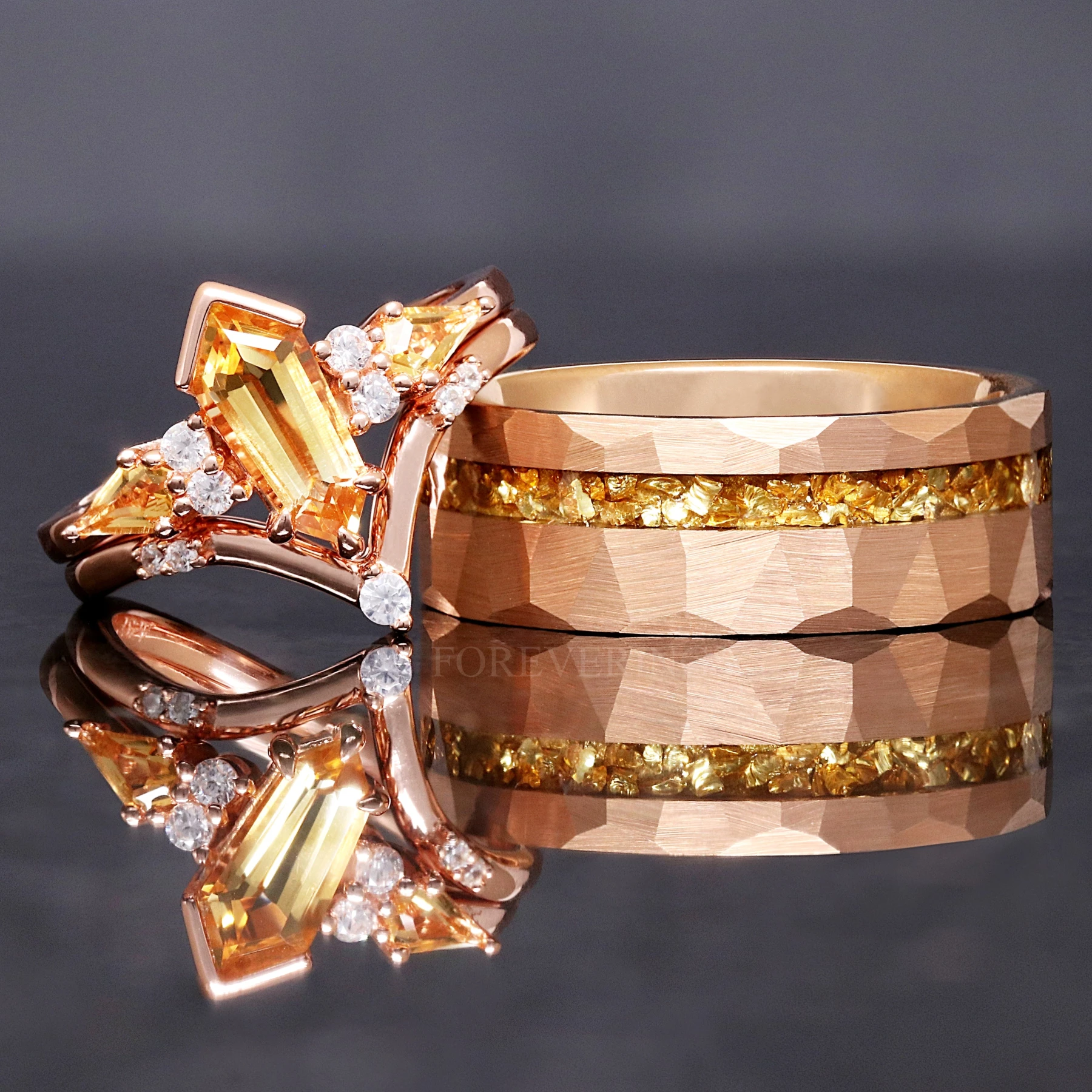 His and Hers Citrine Ring Set Rose Gold, Kite Coffin Ring