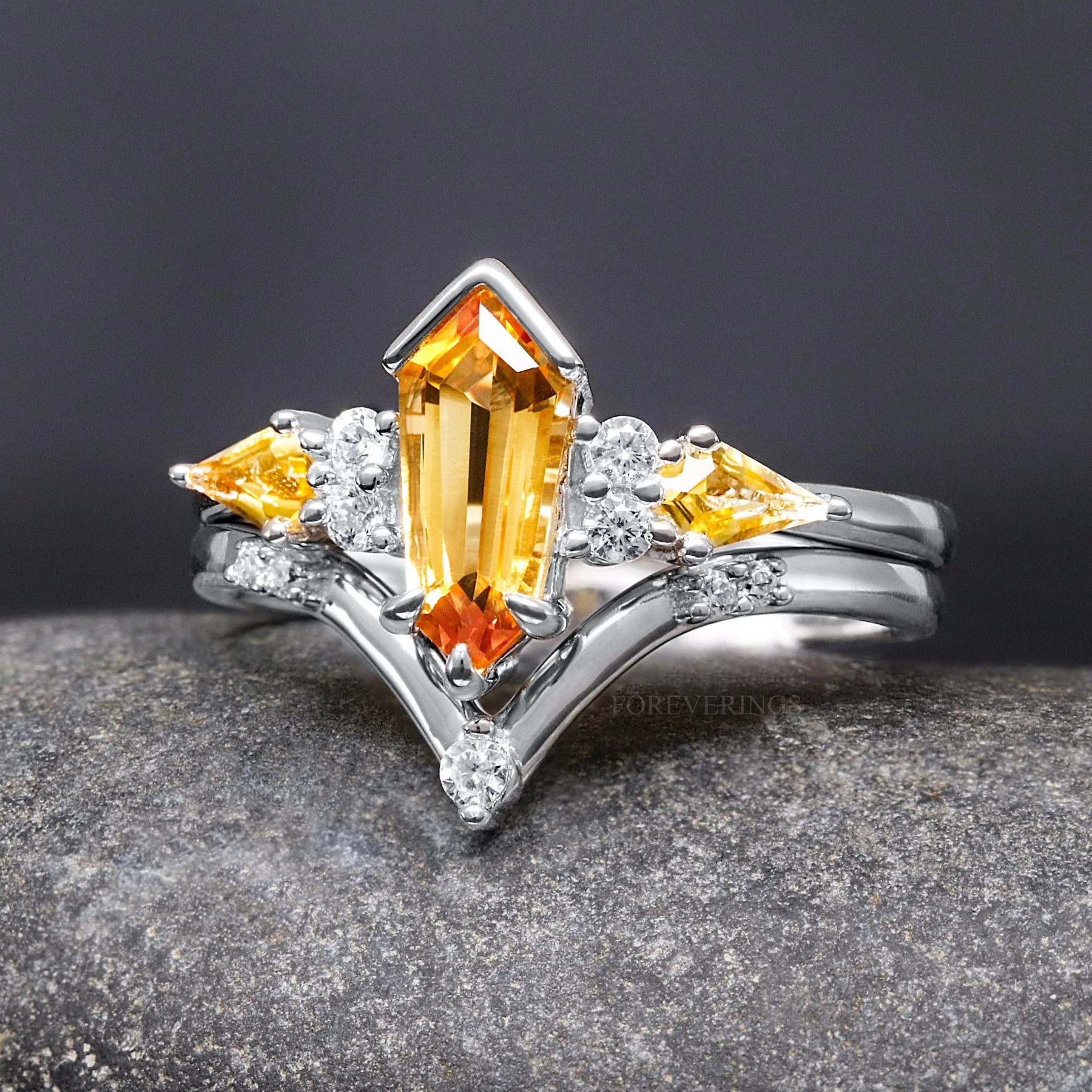 His and Hers Citrine Ring Set Silver, Kite Coffin Wedding Ring, Couple Ring Set, Citrine Engagement Ring Set, Matching Promise Ring, Engrave - view 4