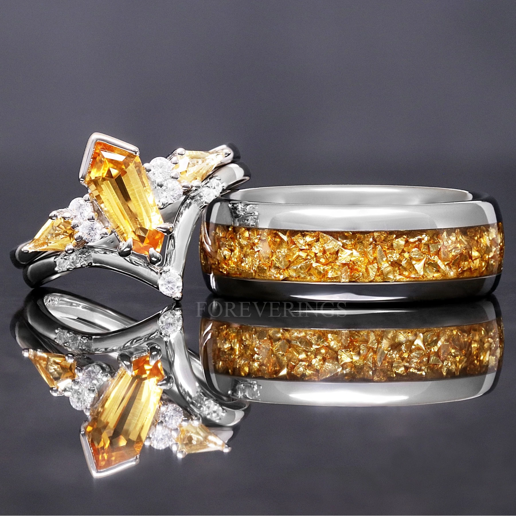 His and Hers Citrine Ring Set Silver, Kite Coffin Wedding Ring, Couple Ring Set