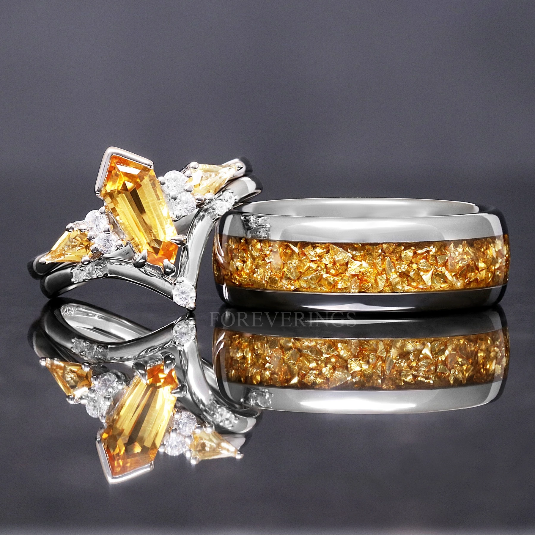 His and Hers Citrine Ring Set Silver, Kite Coffin Wedding Ring, Couple Ring Set, Citrine Engagement Ring Set, Matching Promise Ring, Engrave - view 6