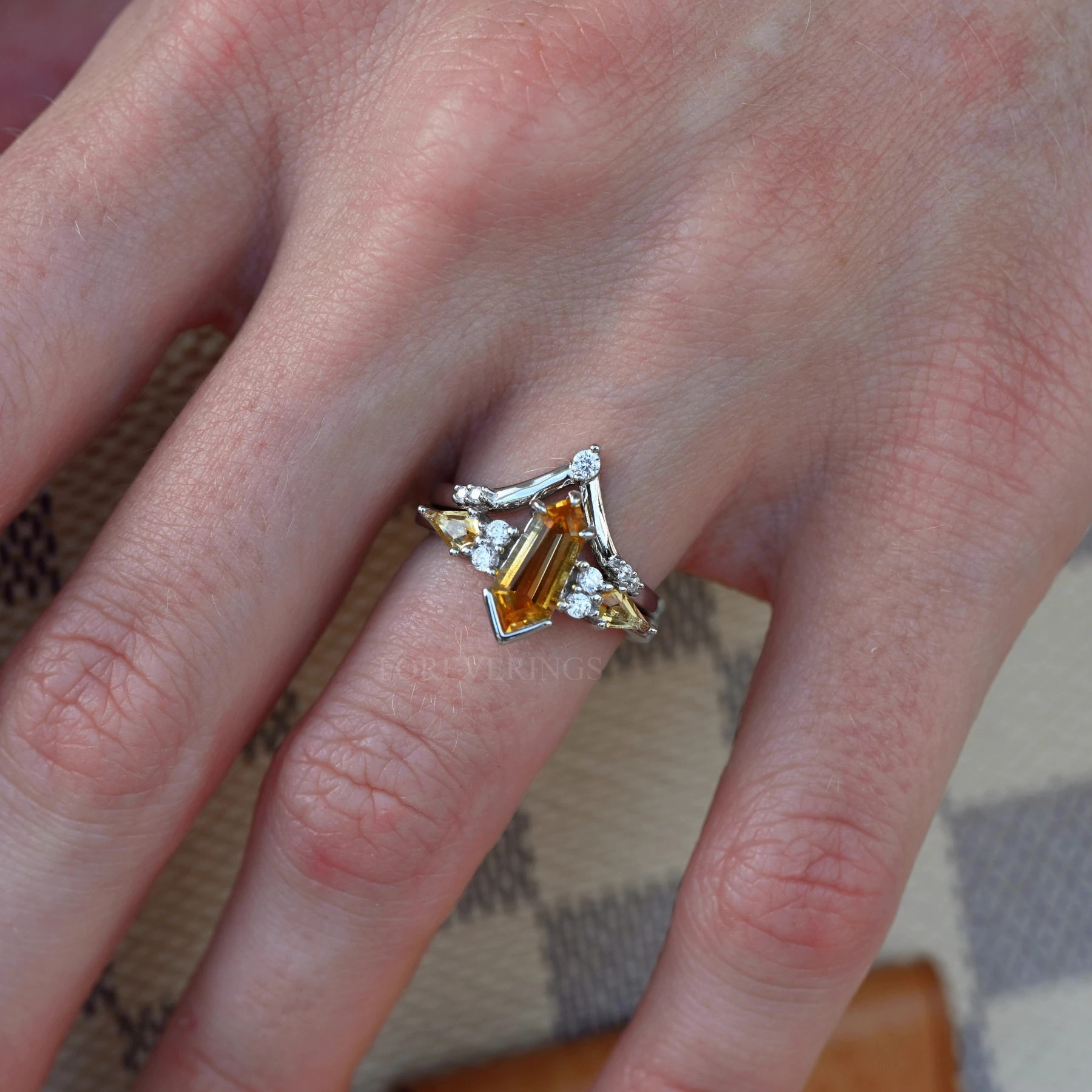 His and Hers Citrine Ring Set Silver, Kite Coffin Wedding Ring, Couple Ring Set, Citrine Engagement Ring Set, Matching Promise Ring, Engrave - view 3