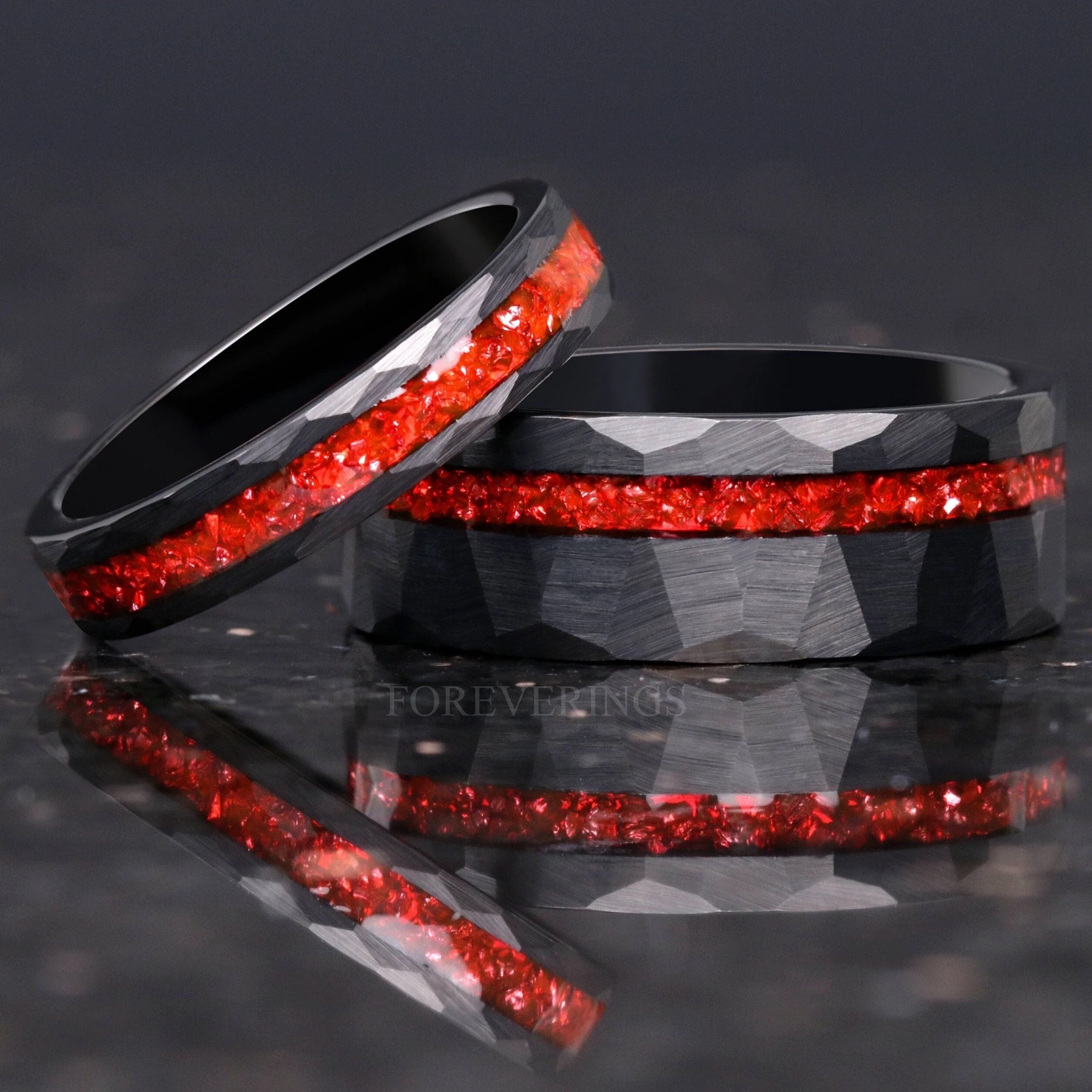 His and Hers Ruby Hammered Tungsten Wedding Band