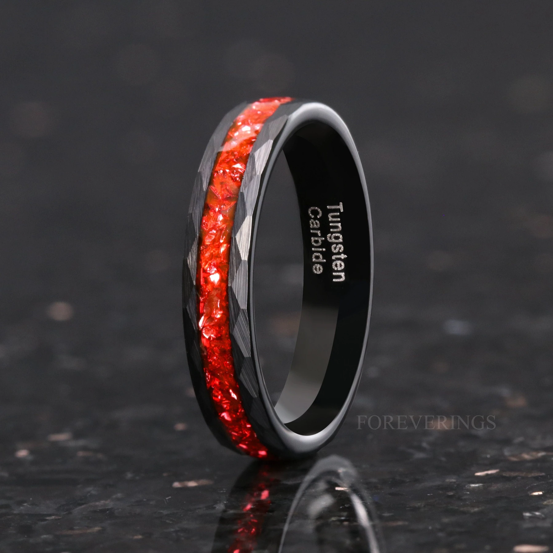 His and Hers Ruby Hammered Tungsten Wedding Band, 8mm & 4mm Black Tungsten Ring Set, Red German Glass Stones, Flat, Brushed, Ring Engraving - view 2