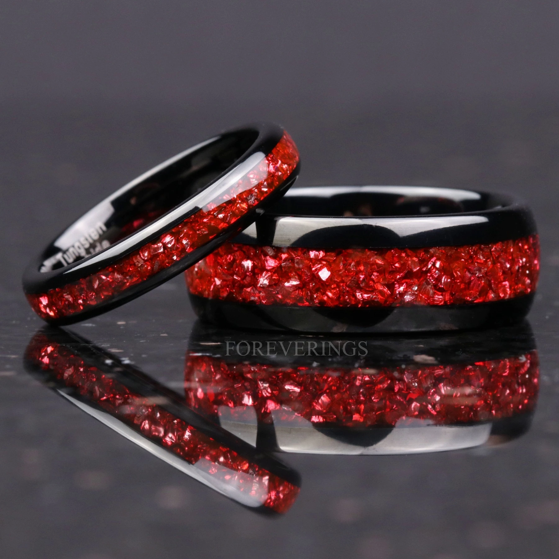 His and Hers Tungsten Wedding Band, 8mm & 4mm Black Tungsten Ring Set, Red German Glass Stones, Couples Ring, Polish, Dome, Comfort Fit - view 6