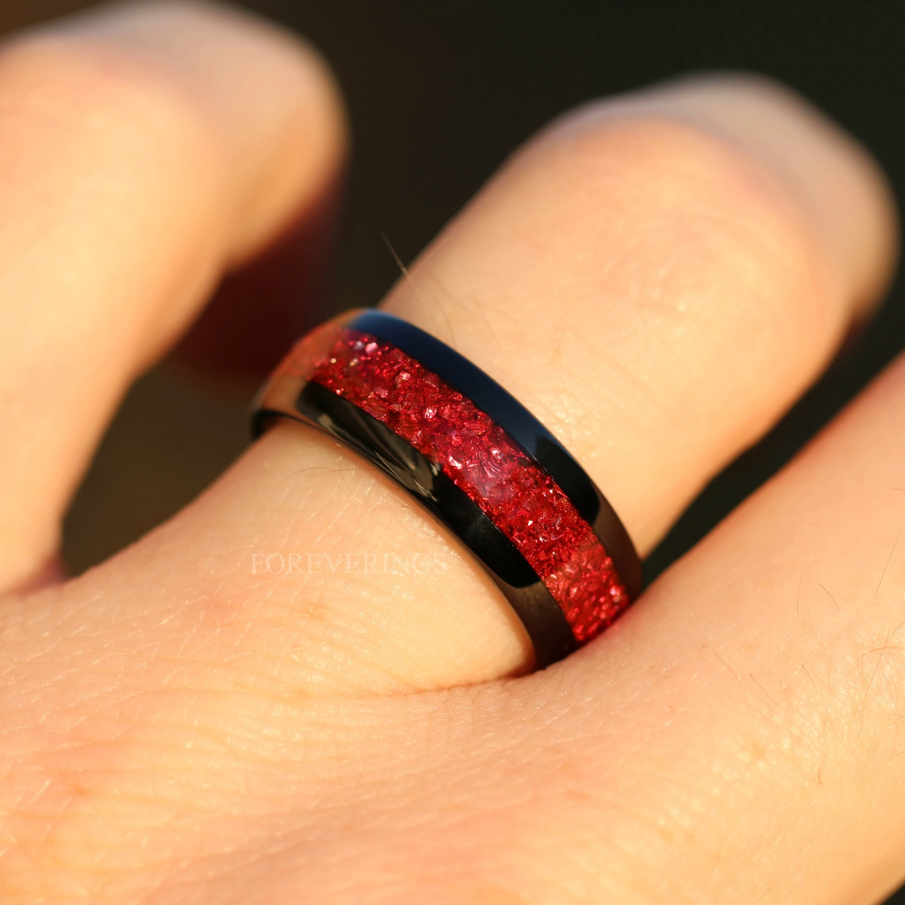 His and Hers Tungsten Wedding Band, 8mm & 4mm Black Tungsten Ring Set, Red German Glass Stones, Couples Ring, Polish, Dome, Comfort Fit - view 5