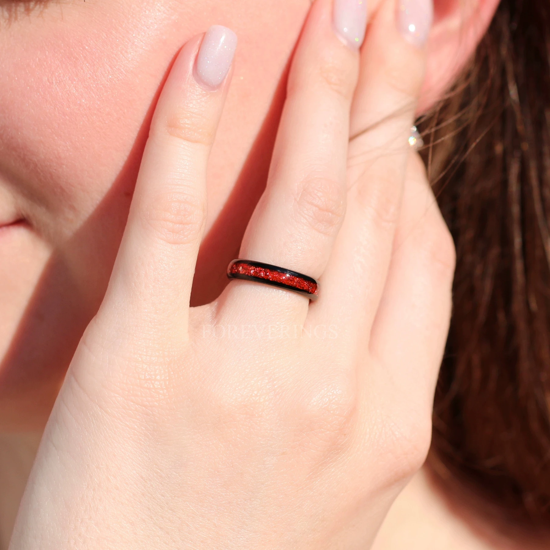 His and Hers Tungsten Wedding Band, 8mm & 4mm Black Tungsten Ring Set, Red German Glass Stones, Couples Ring, Polish, Dome, Comfort Fit - view 4