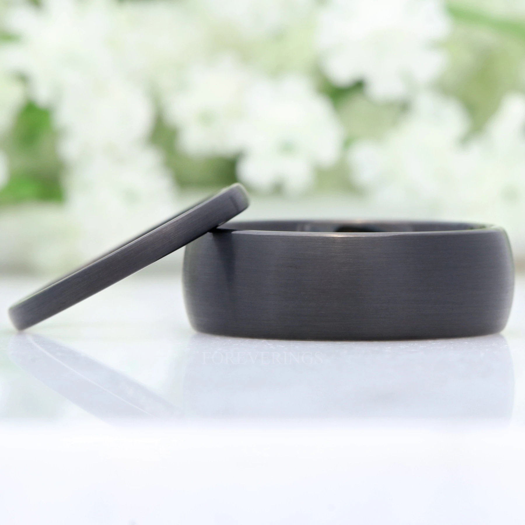 His and Hers Tungsten Wedding Band Set, 8mm & 2mm Black Rings, Comfort Fit