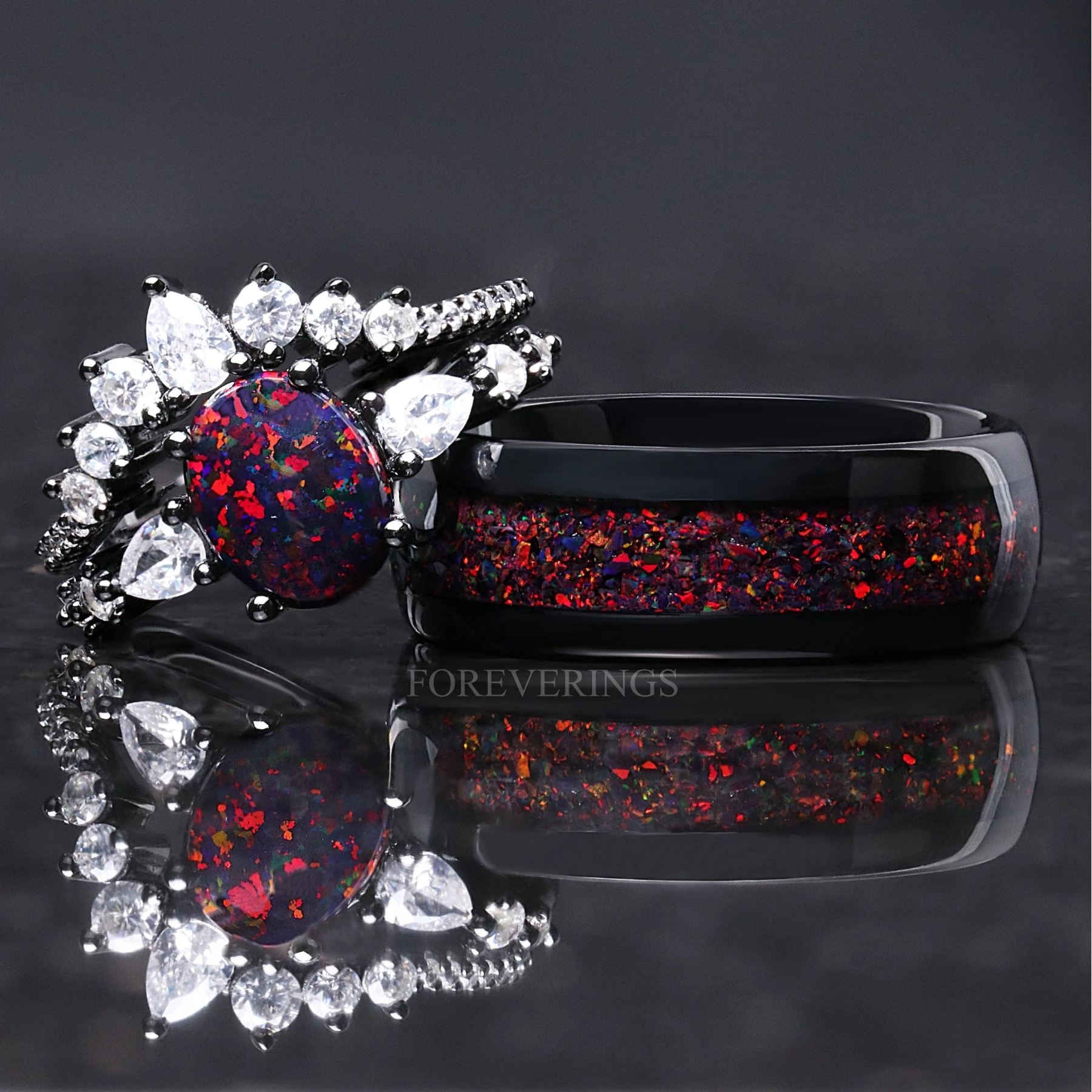 His and Hers Wedding Band, Black Fire Opal Ring