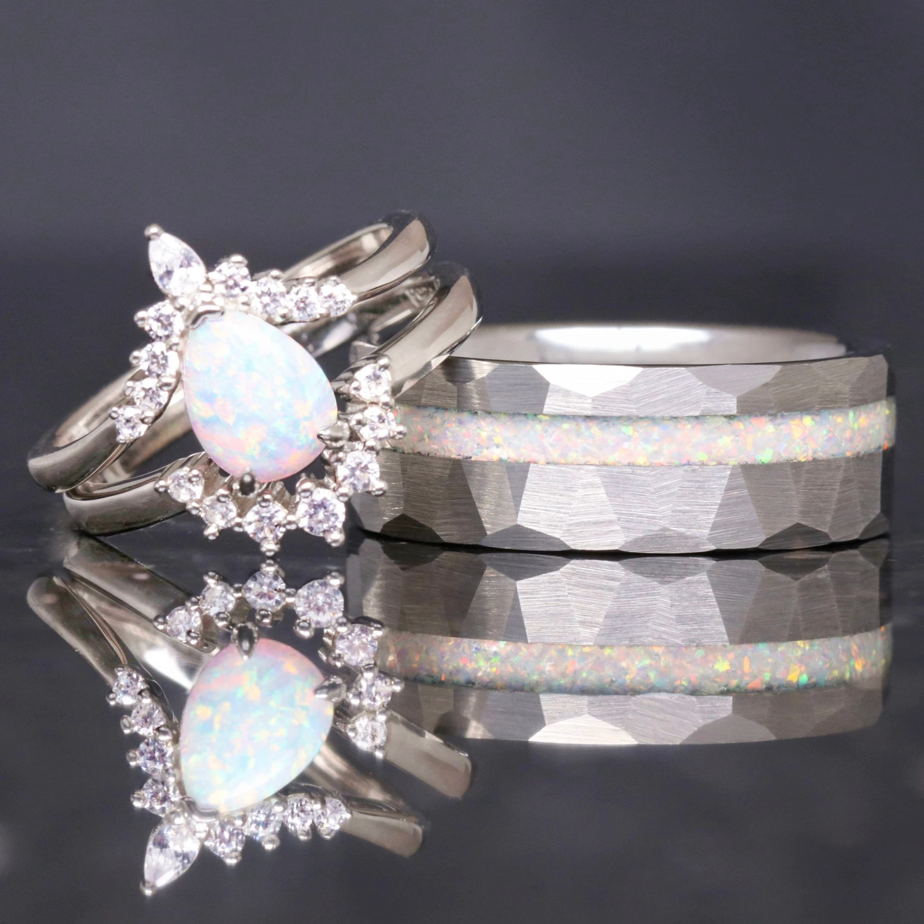 His and Hers White Fire Opal Ring Set, Matching Opal Ring, Silver Ring Set