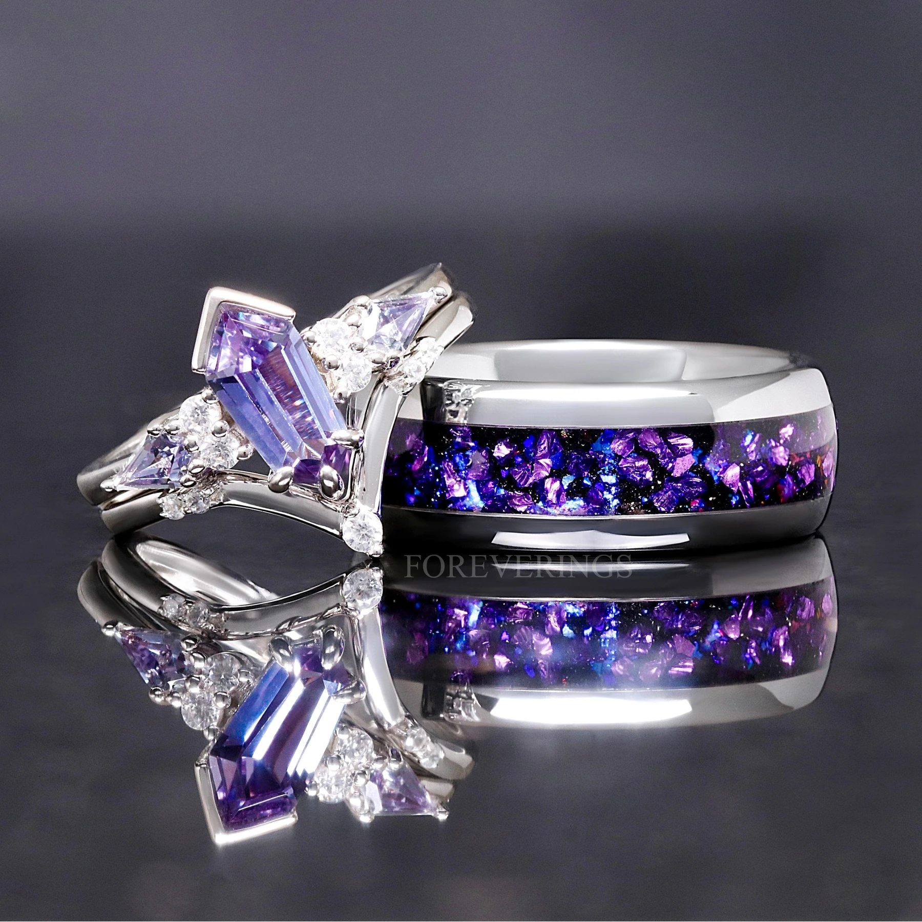 His Her Alexandrite Coffin Kite Engagement Ring Set, Crab Nebula Wedding Ring Set, Couples Ring, 925 Sterling Silver and Silver Tungsten - view 6