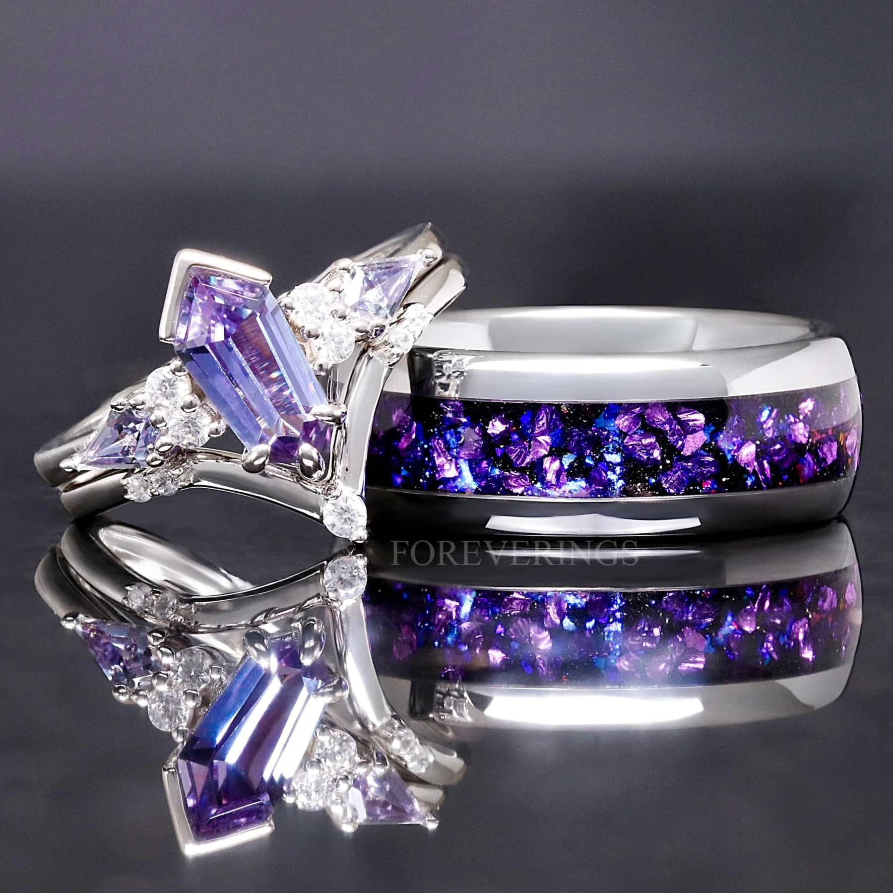 His Her Alexandrite Coffin Kite Engagement Ring Set, Crab Nebula Wedding Ring Set