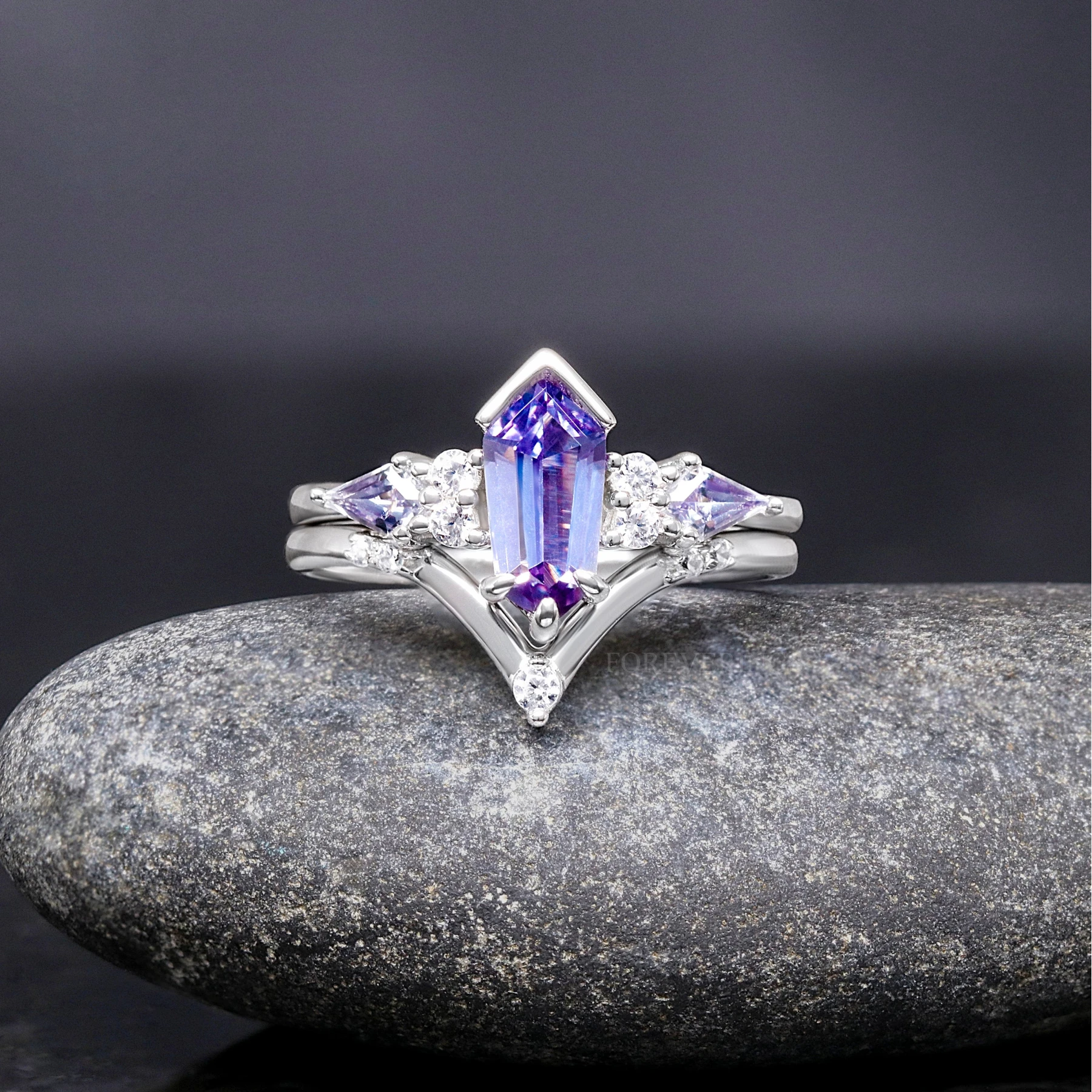 His Her Alexandrite Coffin Kite Engagement Ring Set, Crab Nebula Wedding Ring Set, Couples Ring, 925 Sterling Silver and Silver Tungsten - view 3