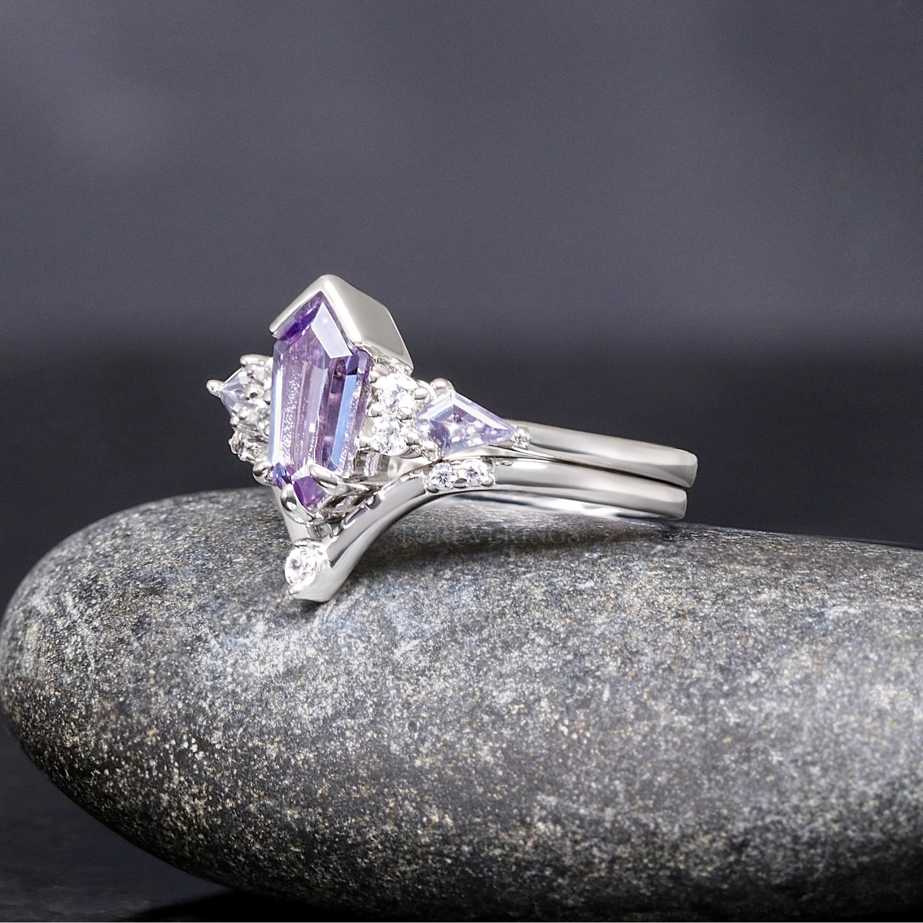 His Her Alexandrite Coffin Kite Engagement Ring Set, Crab Nebula Wedding Ring Set, Couples Ring, 925 Sterling Silver and Silver Tungsten - view 4