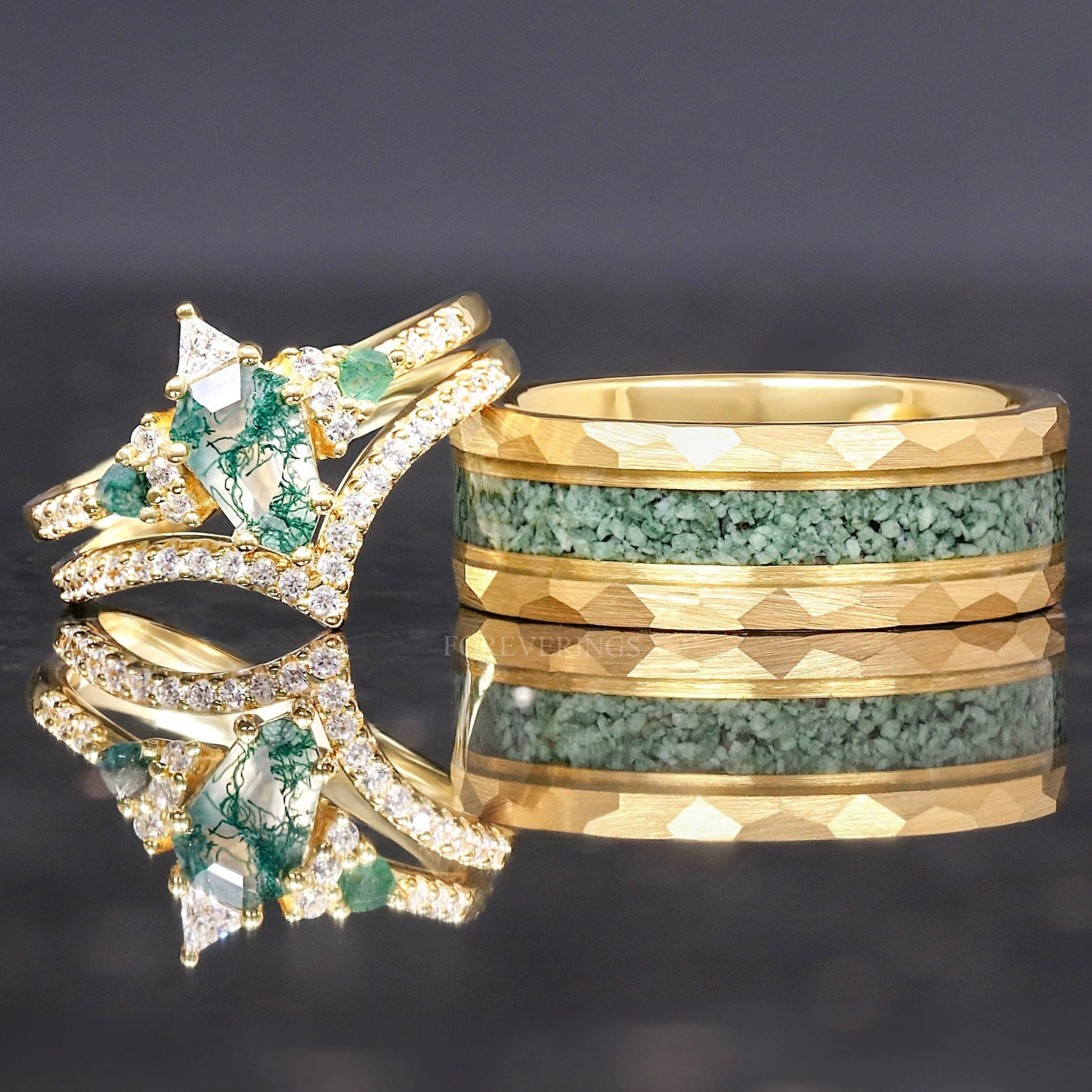 Lumiere His Her Moss Agate Ring Set, Gold Wedding Band Set, 925 Silver