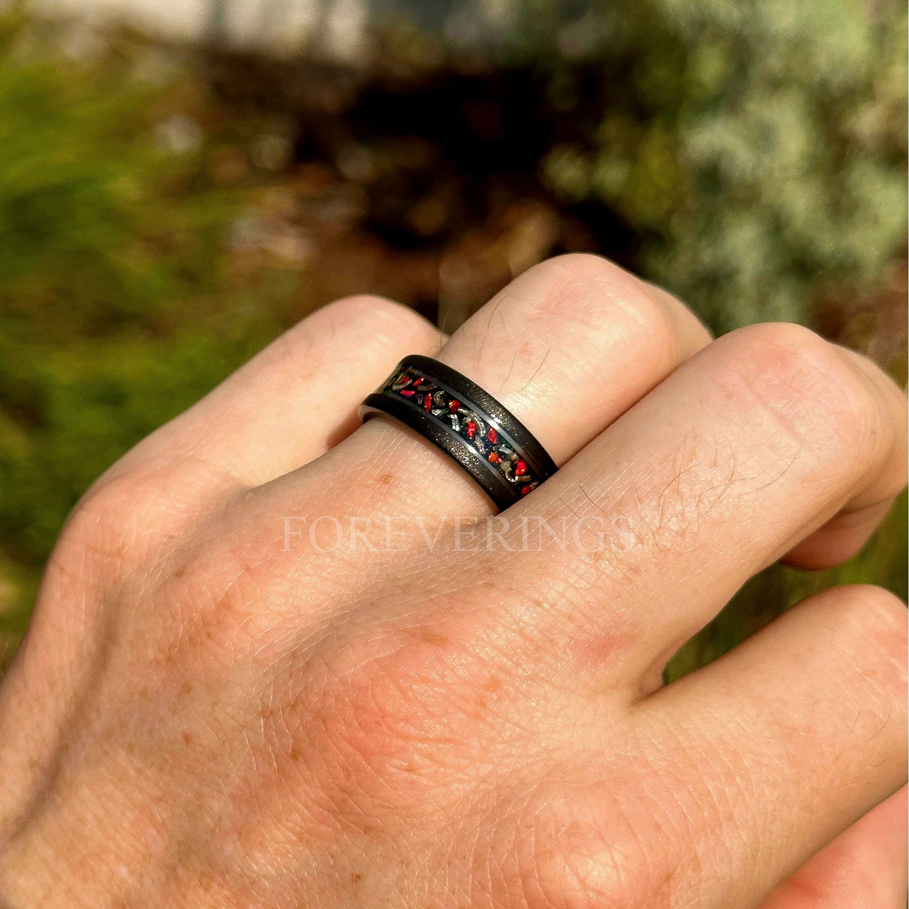 His Her Twirl Garnet & Opal Galaxy Ring Set, Black Nebula Couple Wedding Ring, Natural Garnet and Meteorite, Glow in the Dark, Red Fire Opal - view 5