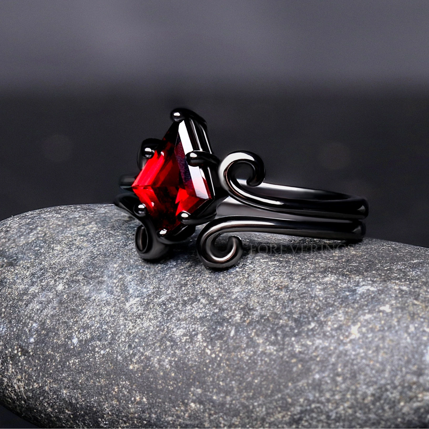 His Her Twirl Garnet & Opal Galaxy Ring Set, Black Nebula Couple Wedding Ring, Natural Garnet and Meteorite, Glow in the Dark, Red Fire Opal - view 4