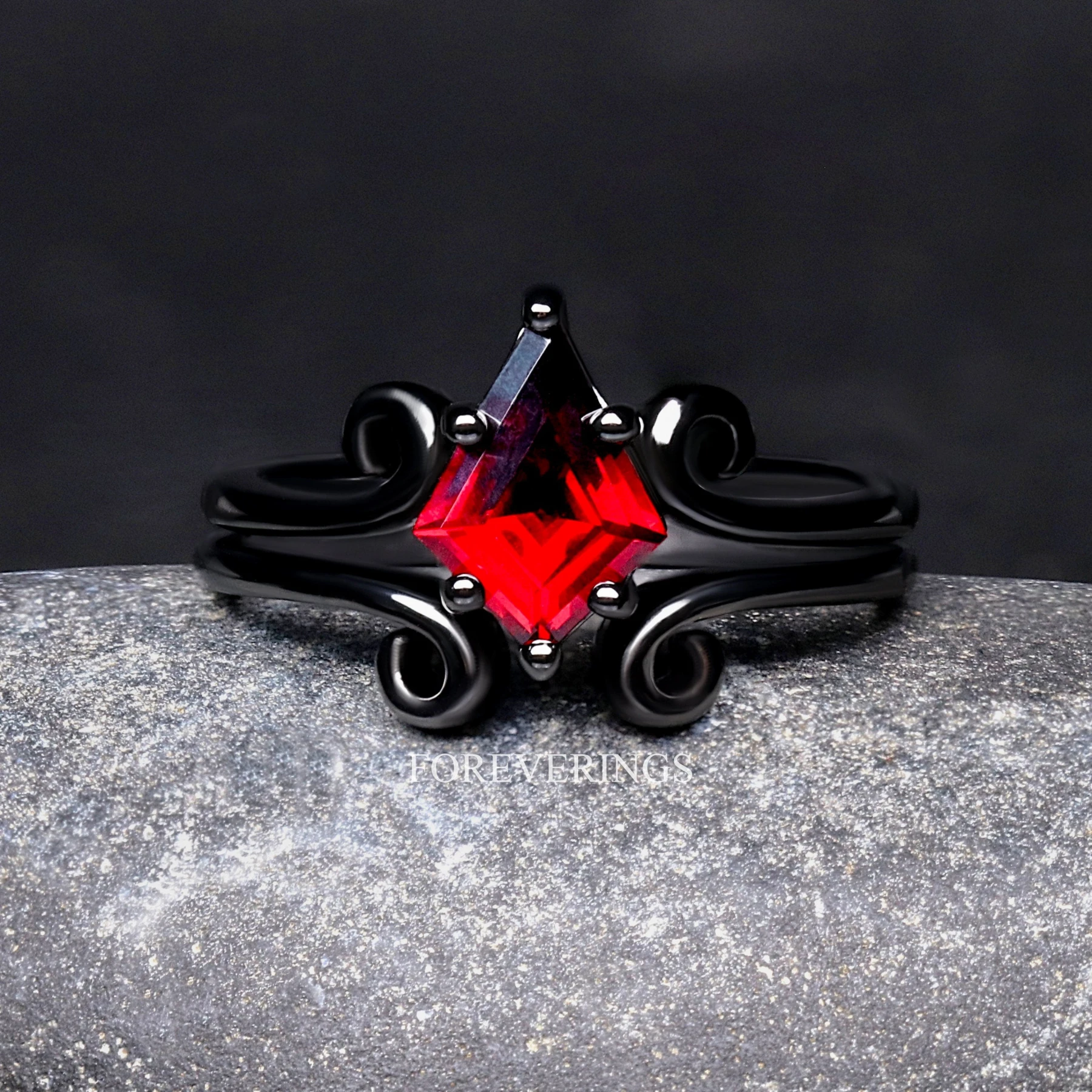 His Her Twirl Garnet & Opal Galaxy Ring Set, Black Nebula Couple Wedding Ring, Natural Garnet and Meteorite, Glow in the Dark, Red Fire Opal - view 3