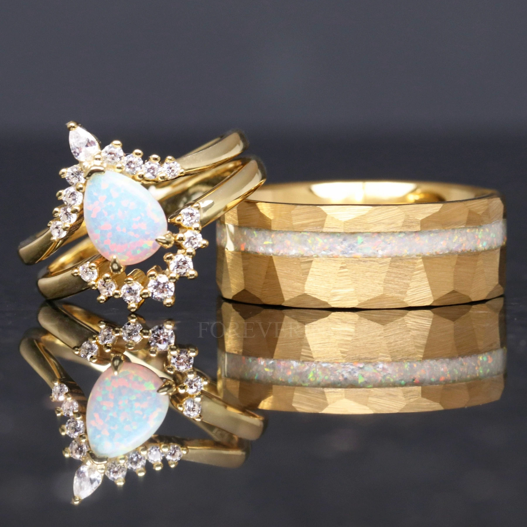 His Her White Fire Opal Ring Set, Matching Opal Rings