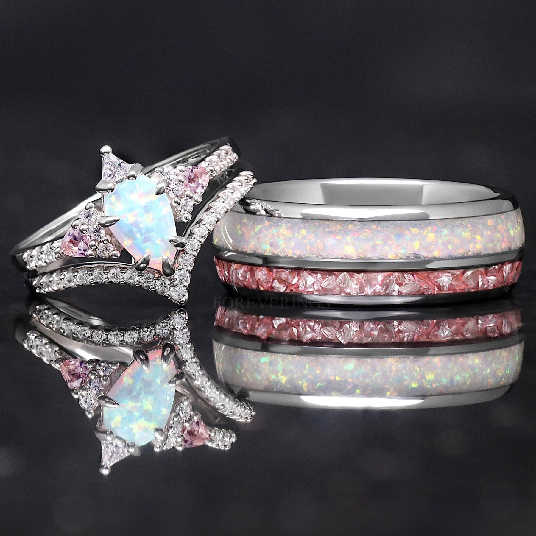 Lumiere Morganite Opal Ring Set, His Her Wedding Ring, Personalized