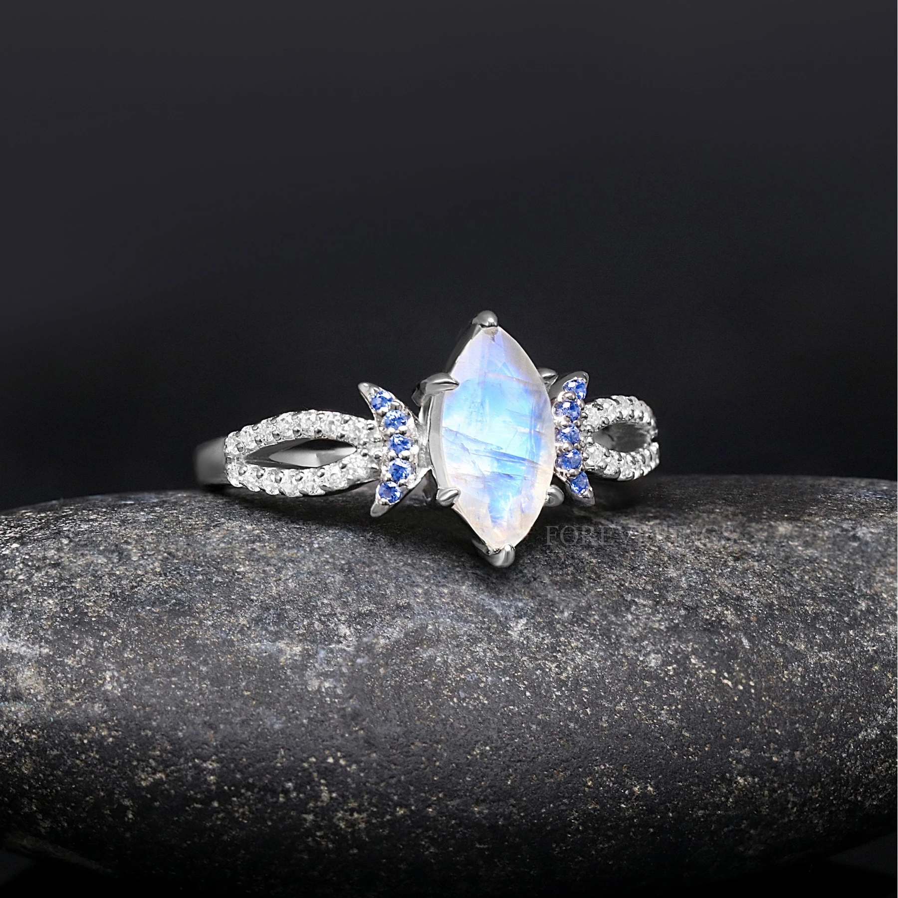 Lunara Moonstone Ring Set, His and Her Wedding Ring, Unique Couples Ring, Starry Night, Crescent Moon Ring, Natural Moonstone, Engraving - view 2