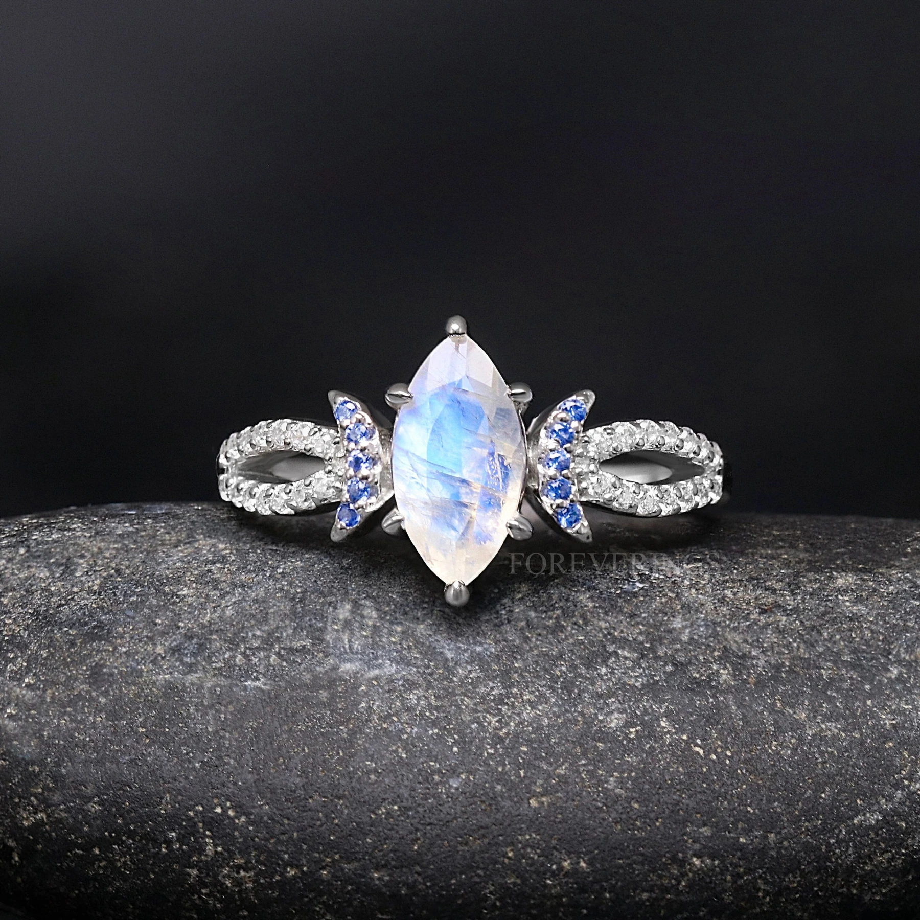Lunara Moonstone Ring Set, His and Her Wedding Ring, Unique Couples Ring, Starry Night, Crescent Moon Ring, Natural Moonstone, Engraving - view 3