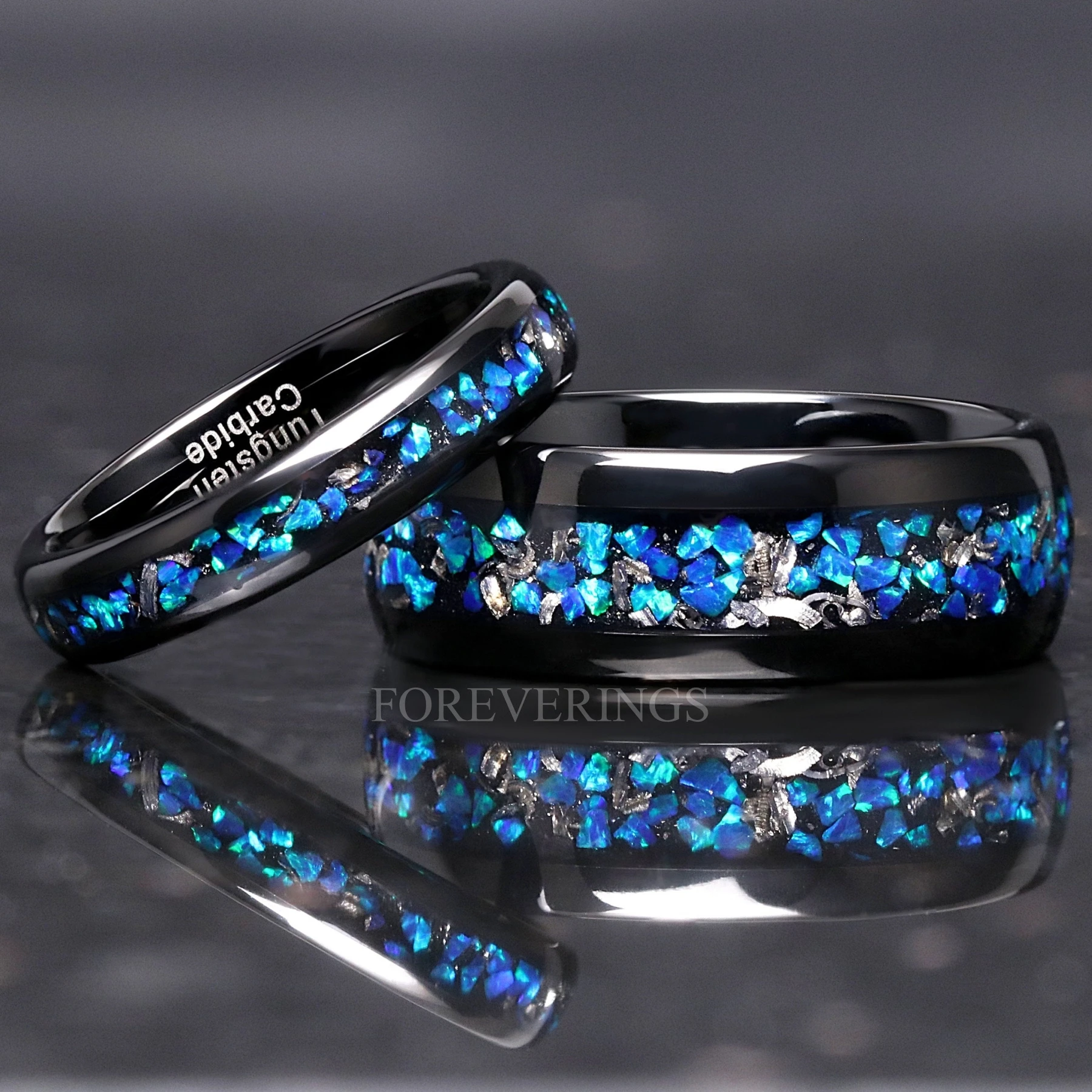 Meteorite and Blue Opal Ring Set, His and Hers Tungsten Wedding Bands