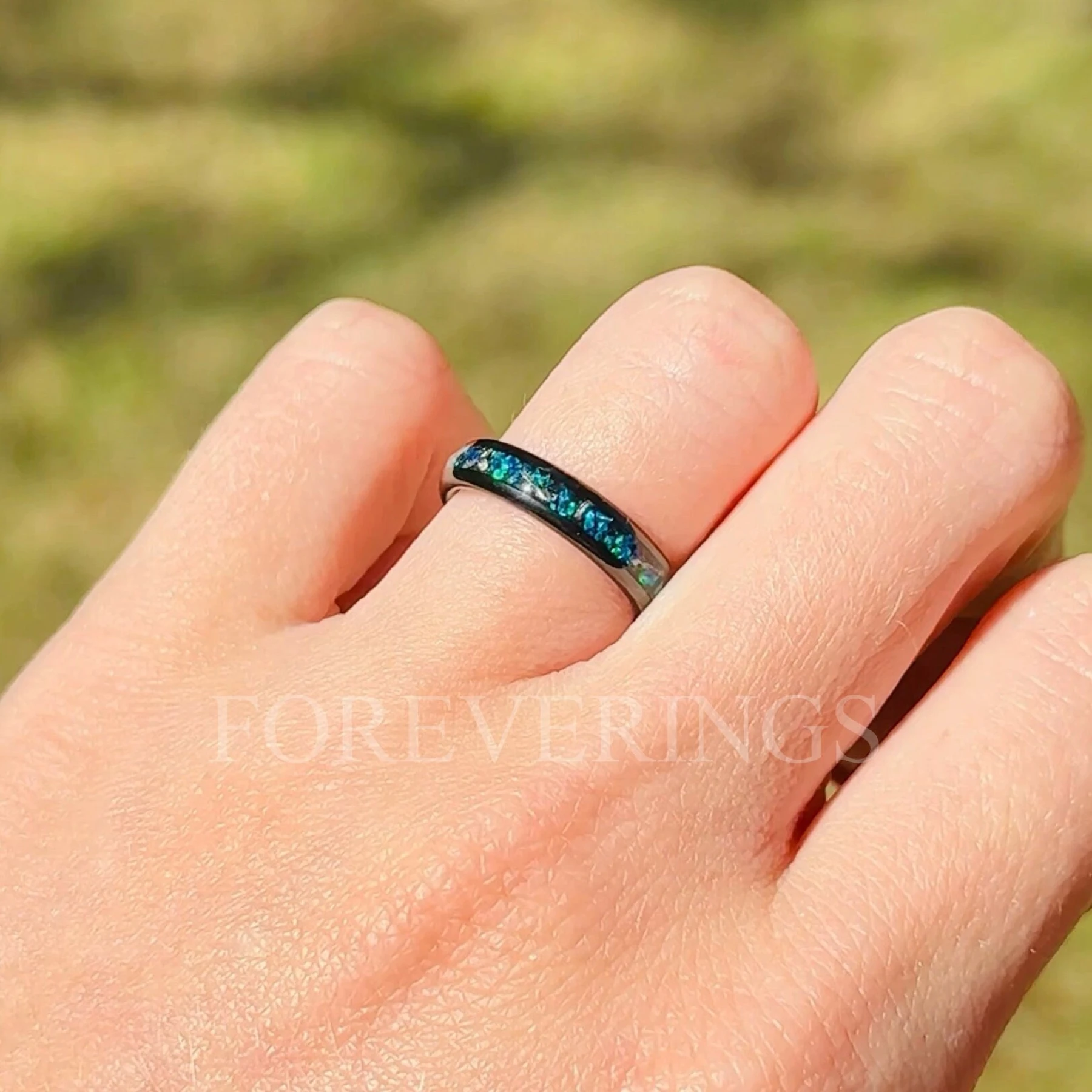 Meteorite and Blue Opal Ring Set, His and Hers Tungsten Wedding Bands, 8mm & 4mm Black Ring Set, Couples Ring, Polish, Dome, Comfort Fit - view 2
