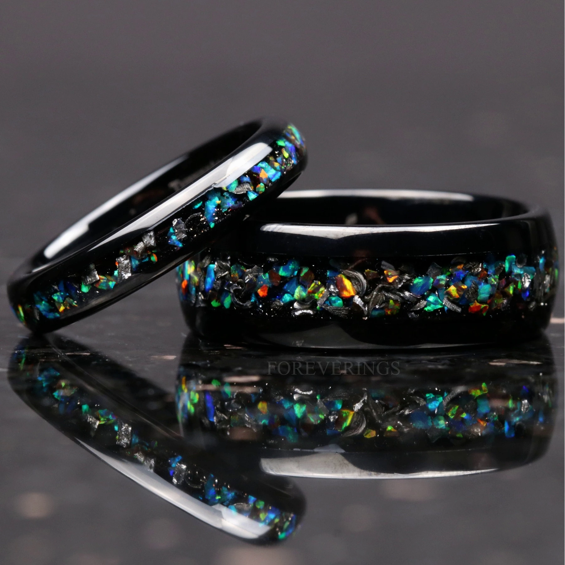 Meteorite Opal Ring Set, His and Her Wedding Band, Authentic Meteorite Ring Set