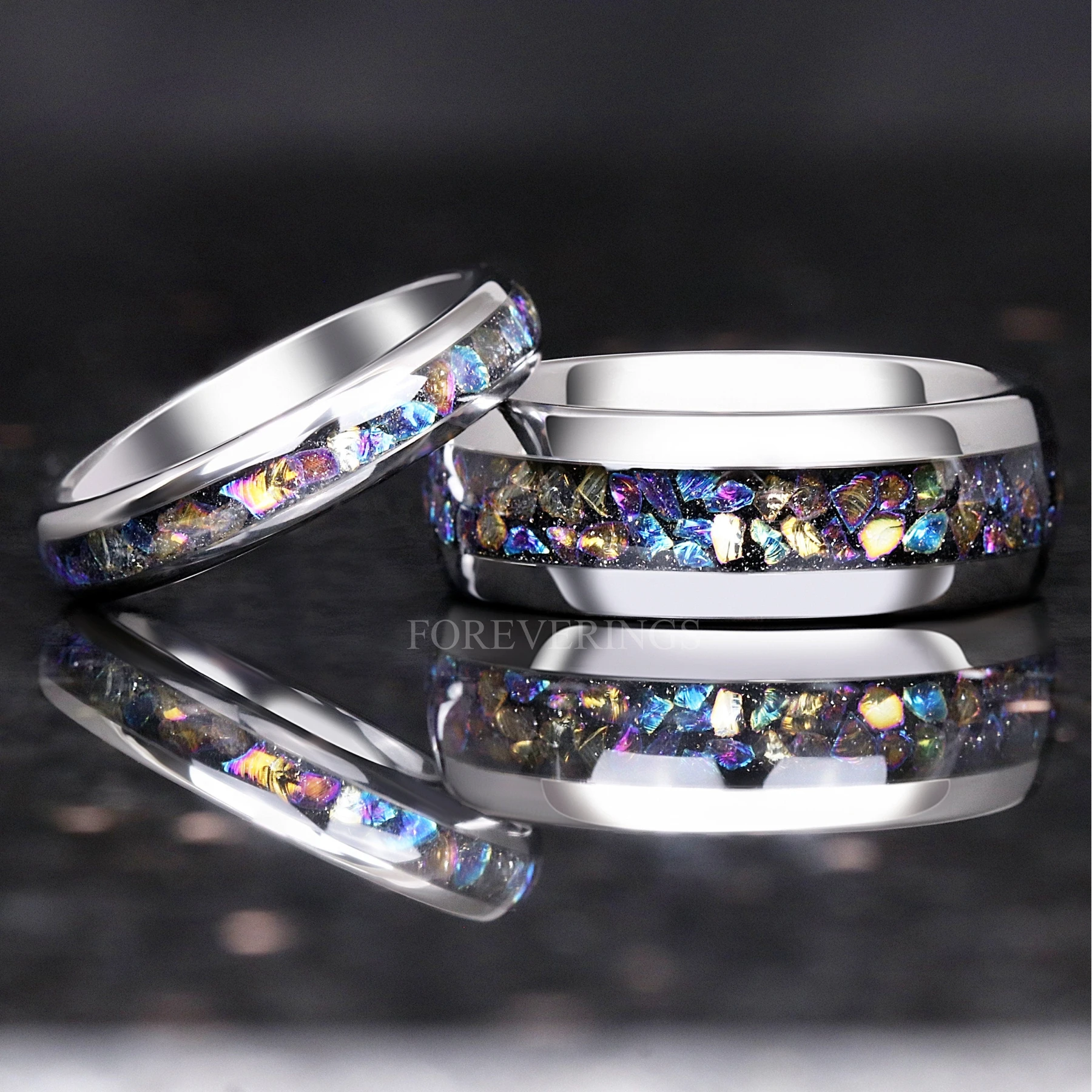 Moonstone Wedding Ring Set, His and Her Veil Nebula Band, Galaxy Ring Set