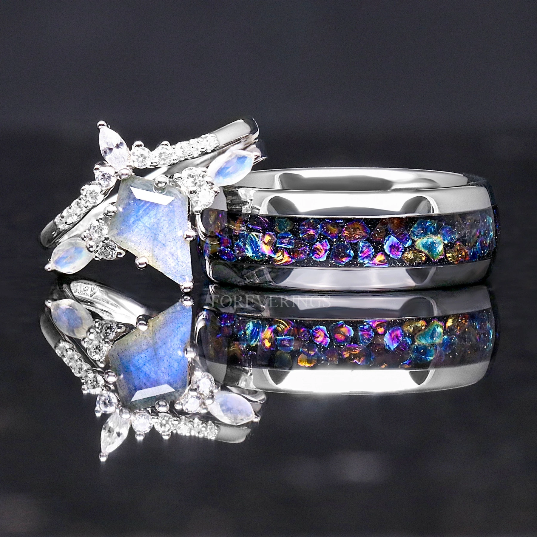 Natural Labradorite Galaxy Ring Set, His Her Moonstone Wedding Band, Silver Veil Nebula Couple Wedding Ring, Match Promise Ring Set, Engrave - view 5