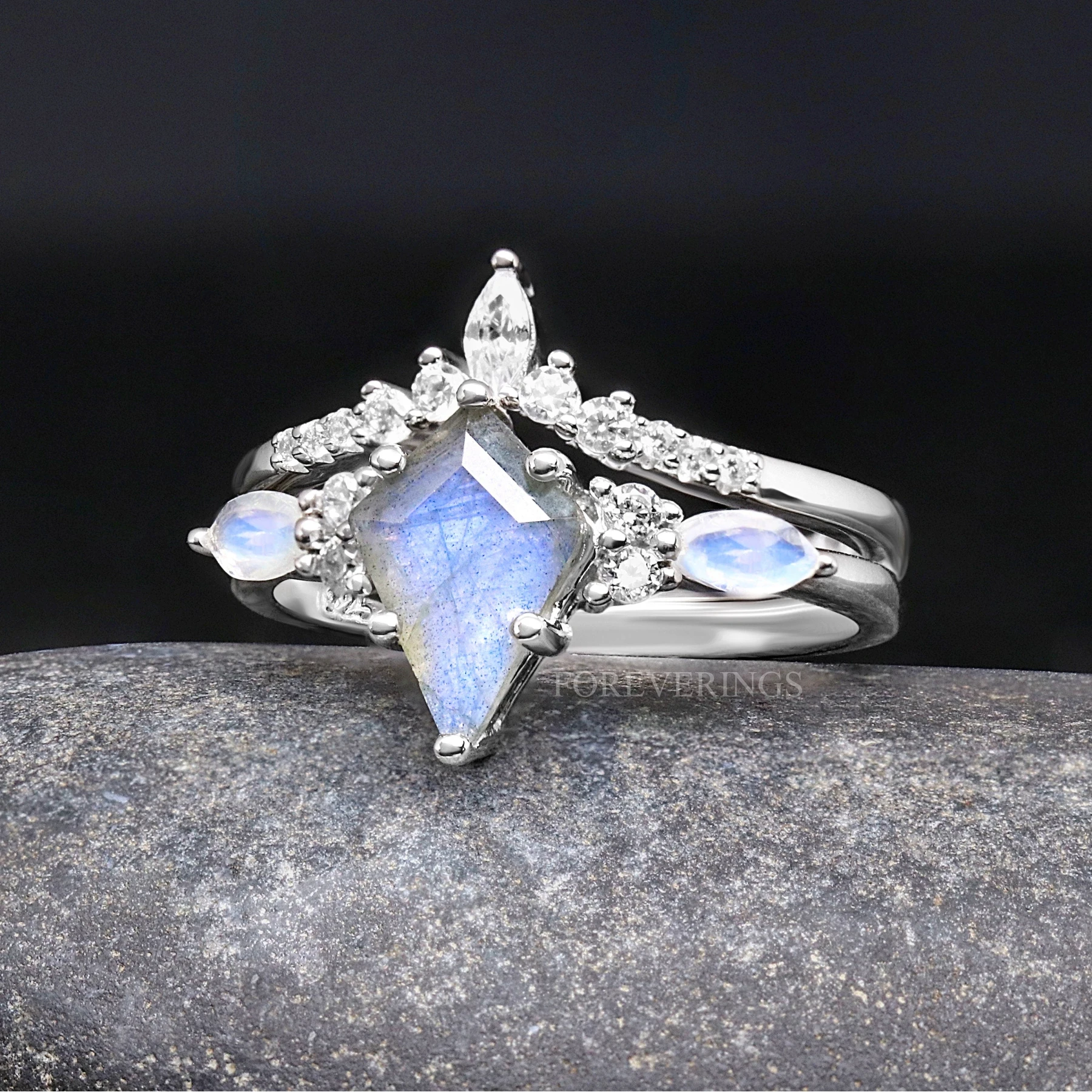 Natural Labradorite Galaxy Ring Set, His Her Moonstone Wedding Band, Silver Veil Nebula Couple Wedding Ring, Match Promise Ring Set, Engrave - view 2