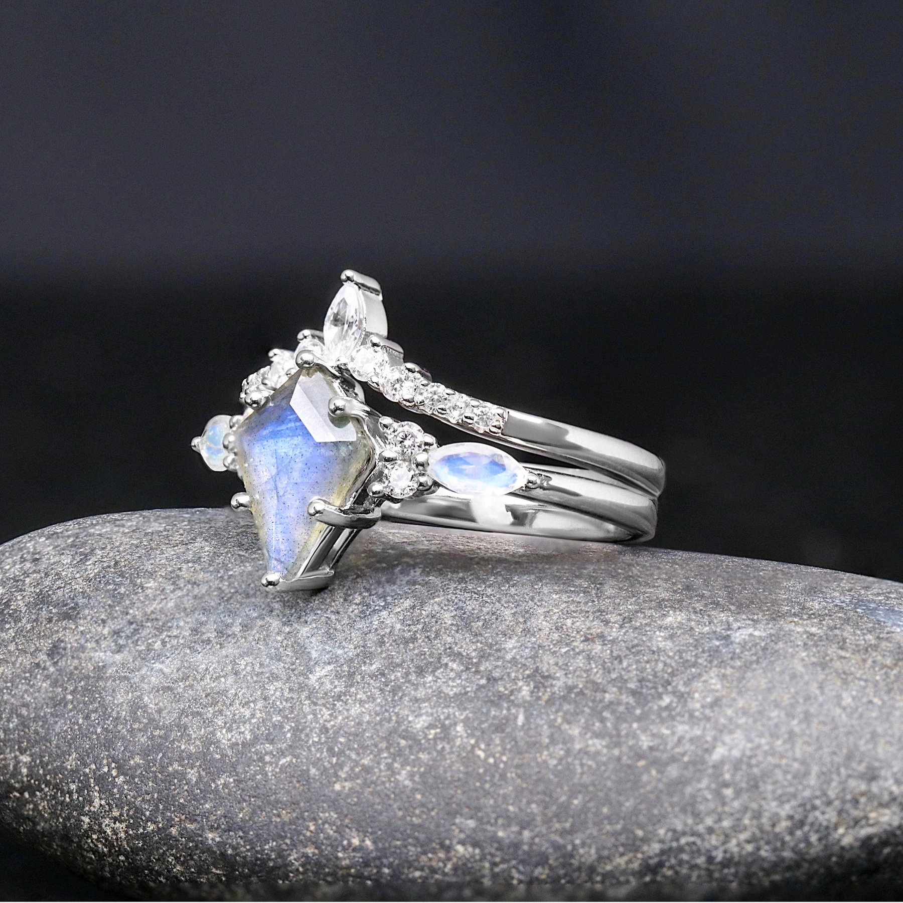 Natural Labradorite Galaxy Ring Set, His Her Moonstone Wedding Band, Silver Veil Nebula Couple Wedding Ring, Match Promise Ring Set, Engrave - view 3